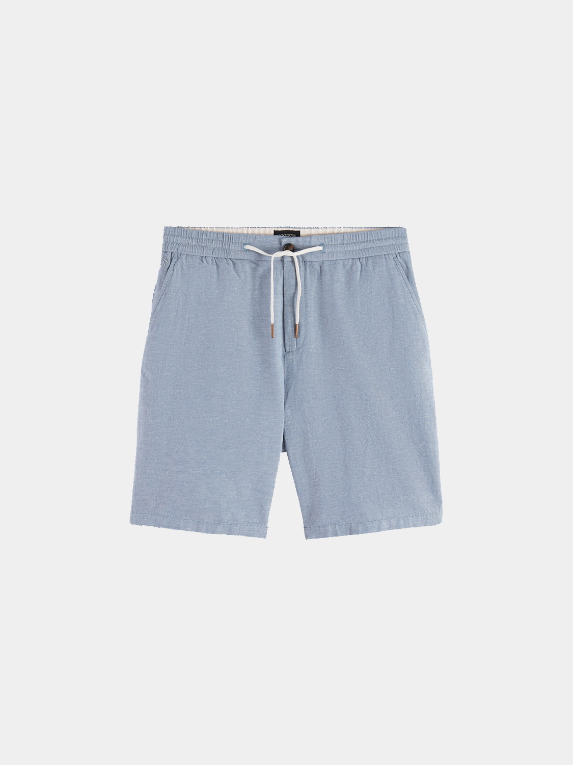Fave cotton-linen shorts by Scotch & Soda, beige color, relaxed fit, with pockets and a casual waistband.