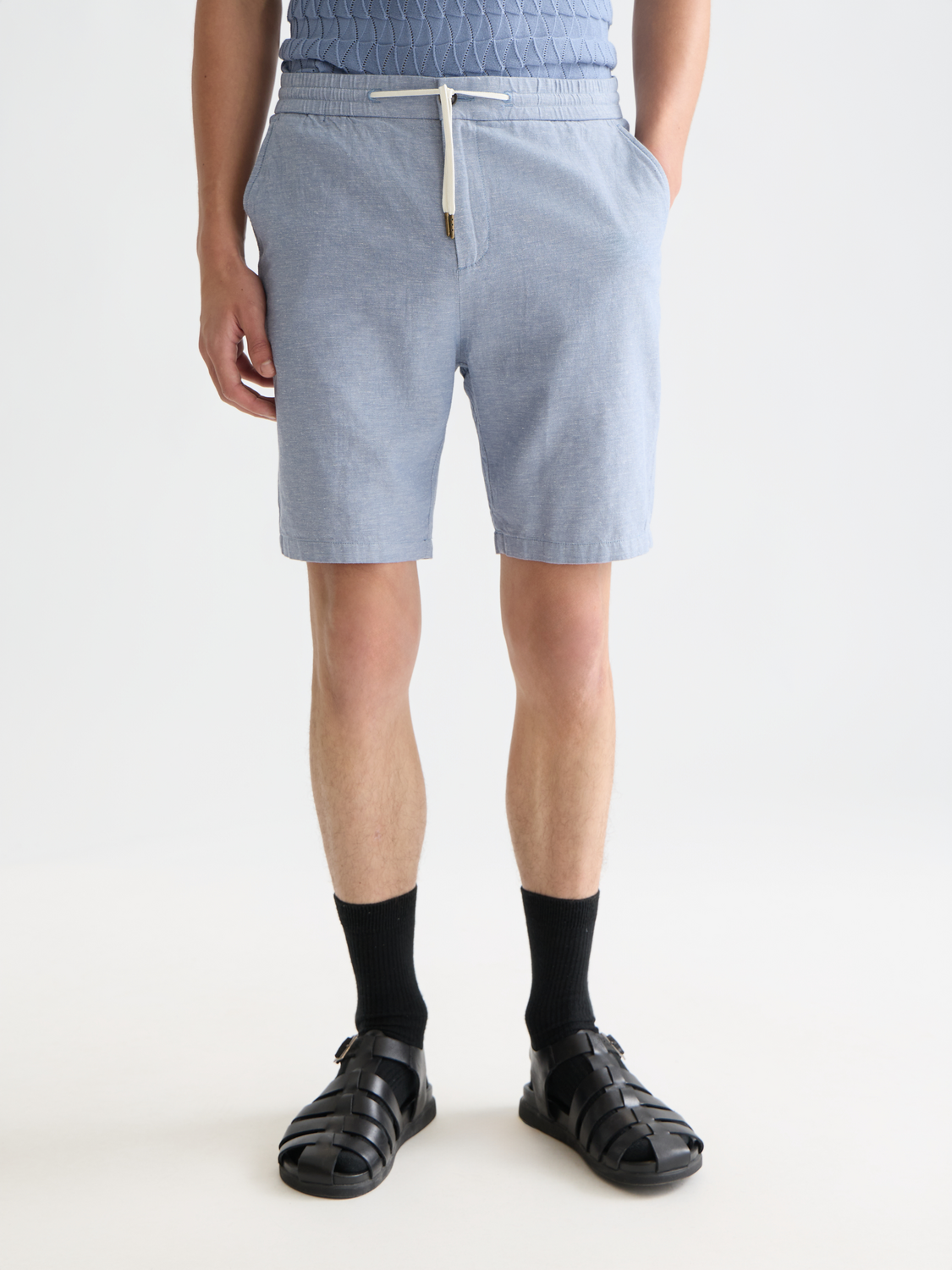 Light beige Fave cotton-linen shorts by Scotch & Soda with a relaxed fit, front pockets, and a casual summer style.