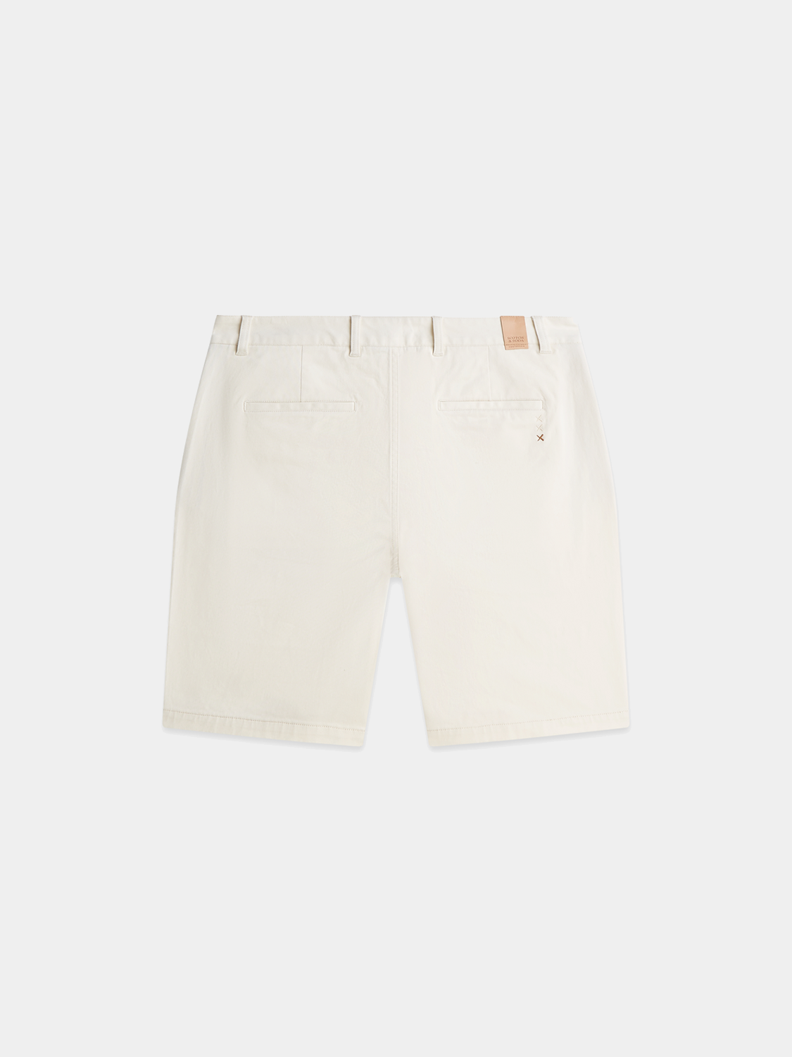 Back view of Scotch & Soda Stuart chino shorts, men's casual shorts in beige with side pockets and belt loops.