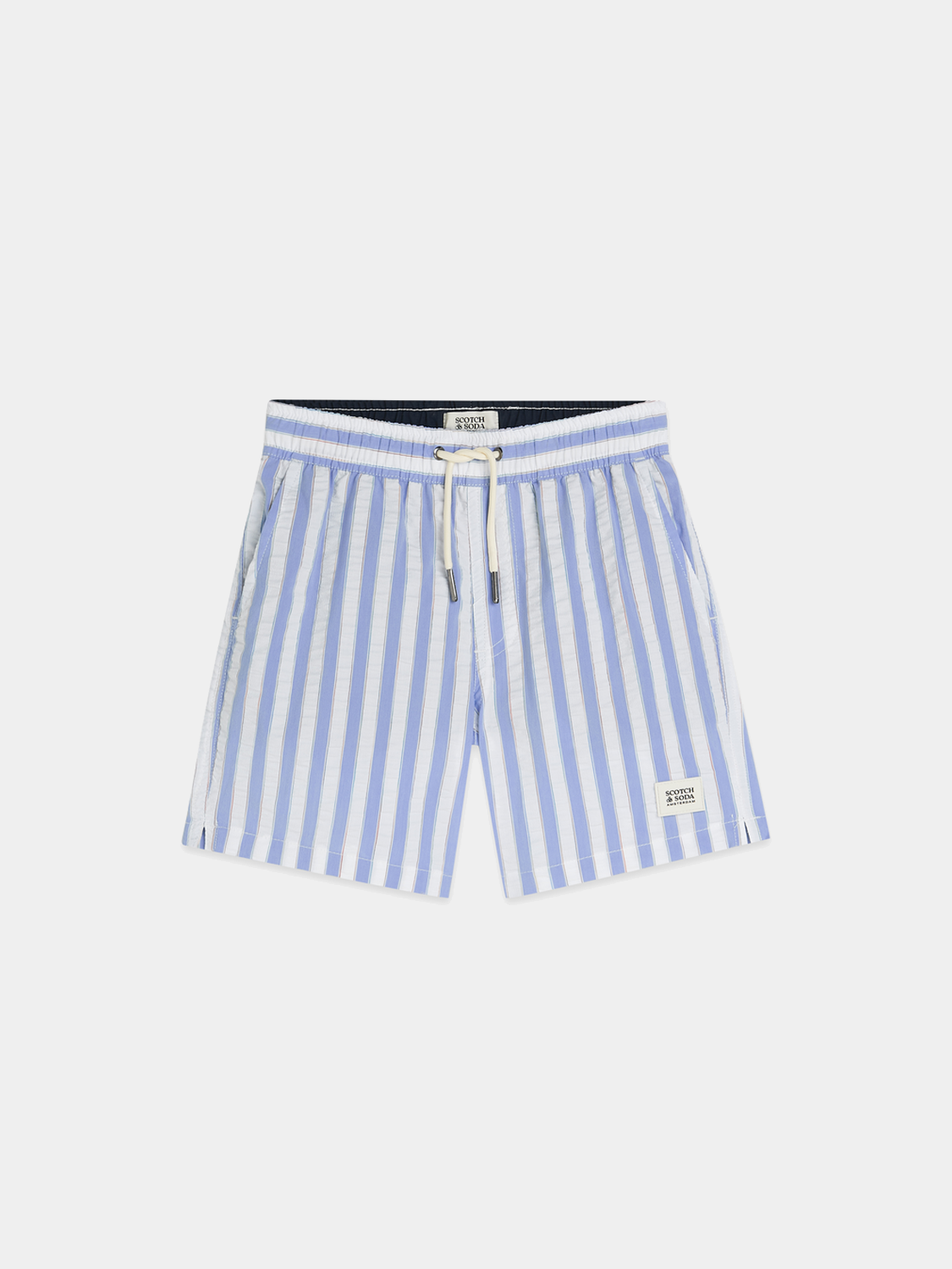 Kids' striped swim shorts by Scotch & Soda featuring colorful horizontal stripes and elastic waistband, perfect for summer swimming.