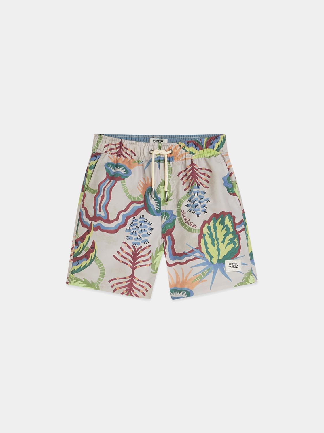Kids printed swimshorts from Scotch & Soda featuring colorful patterns, lightweight fabric, and comfortable fit for swimming and beach days.