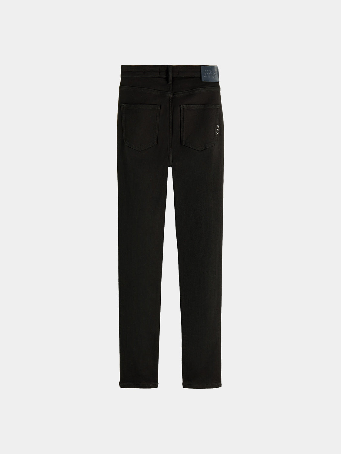 Dark blue Scotch & Soda skinny fit denim jeans shown from the back with classic stitching and a leather patch on the waistband.