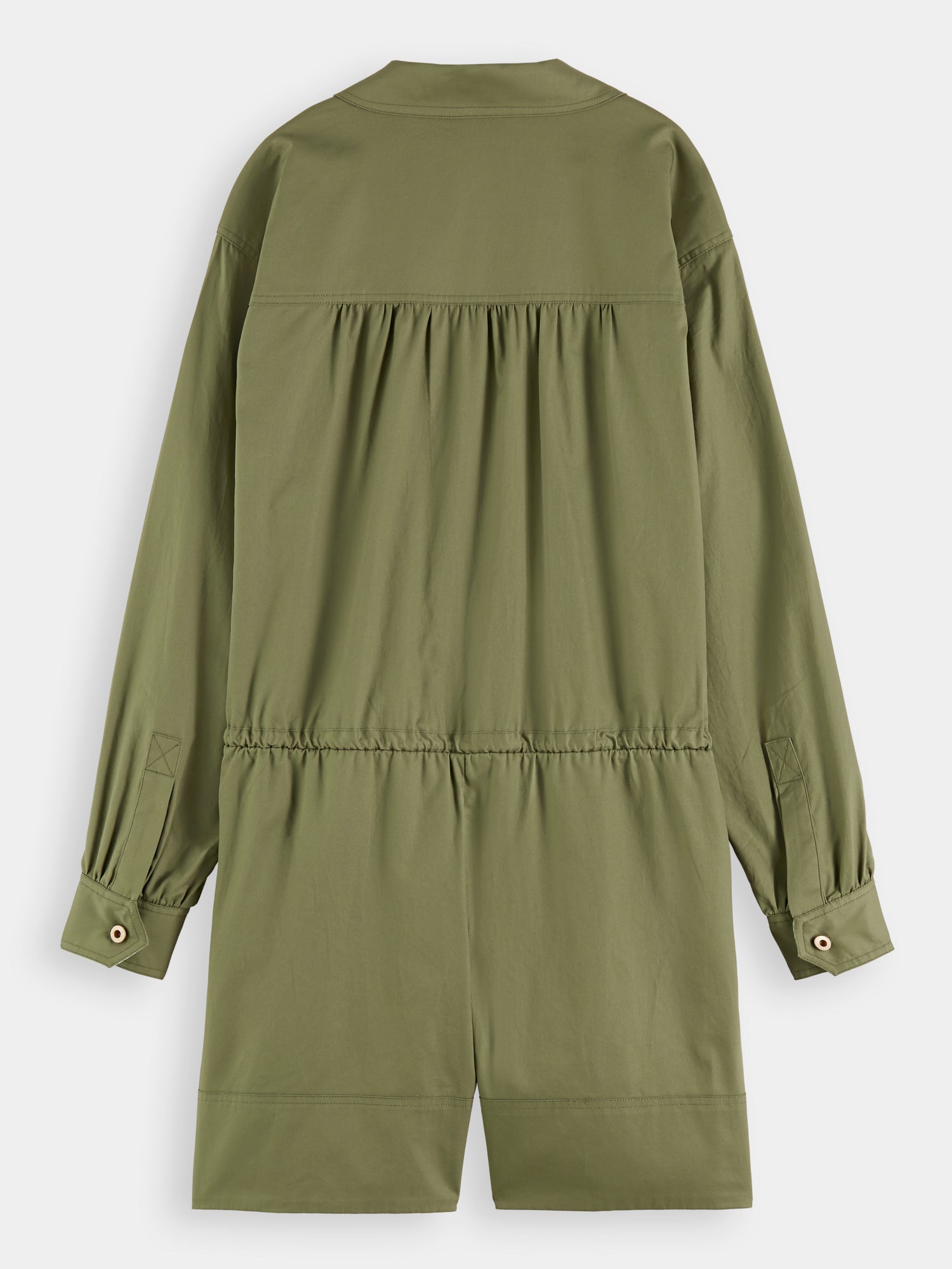 Scarlet military playsuit jumpsuit by Scotch & Soda with front buttons and short sleeves on a mannequin.