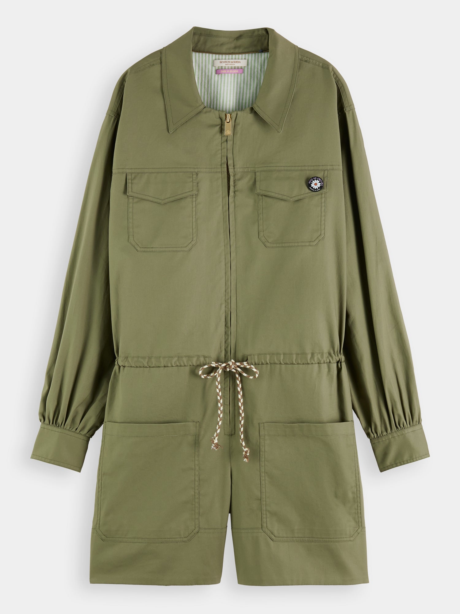SCOTCH & SODA military playsuit jumpsuit featuring a structured design, front pockets, and a rugged, stylish look.