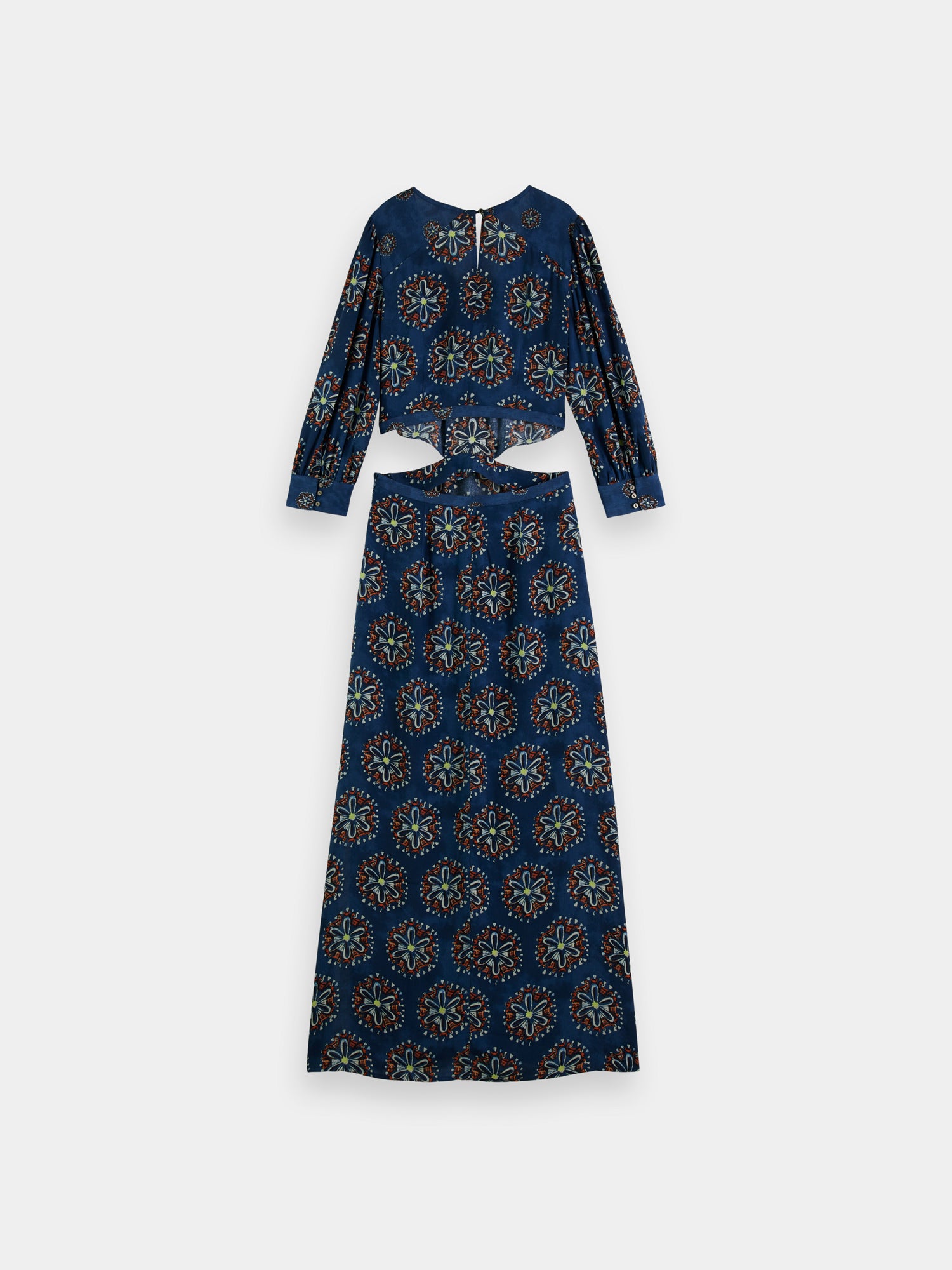 Scotch & Soda cut-out maxi dress with a flowing silhouette and stylish design, shown from the back in this fashion image.