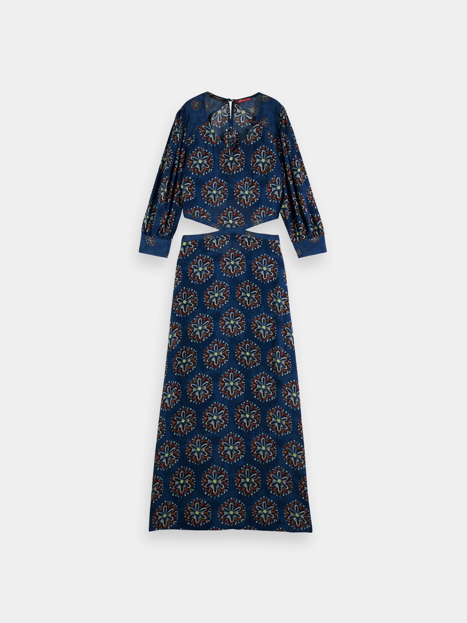 Scotch & Soda cut out maxi dress featuring a flowy silhouette and stylish cut-out details, shown in a vibrant fabric.