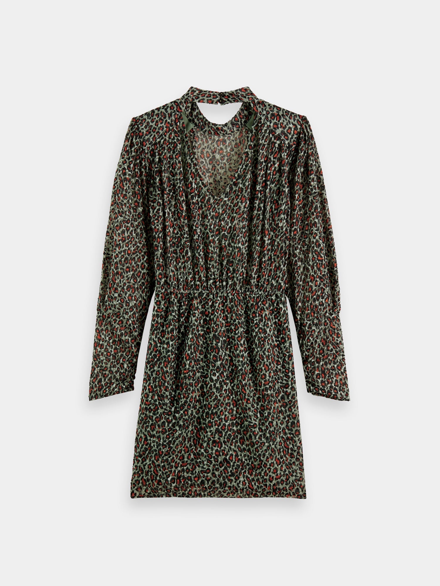 Black mock neck mini dress by Scotch & Soda featuring long sleeves and fitted silhouette, displayed on a hanger.