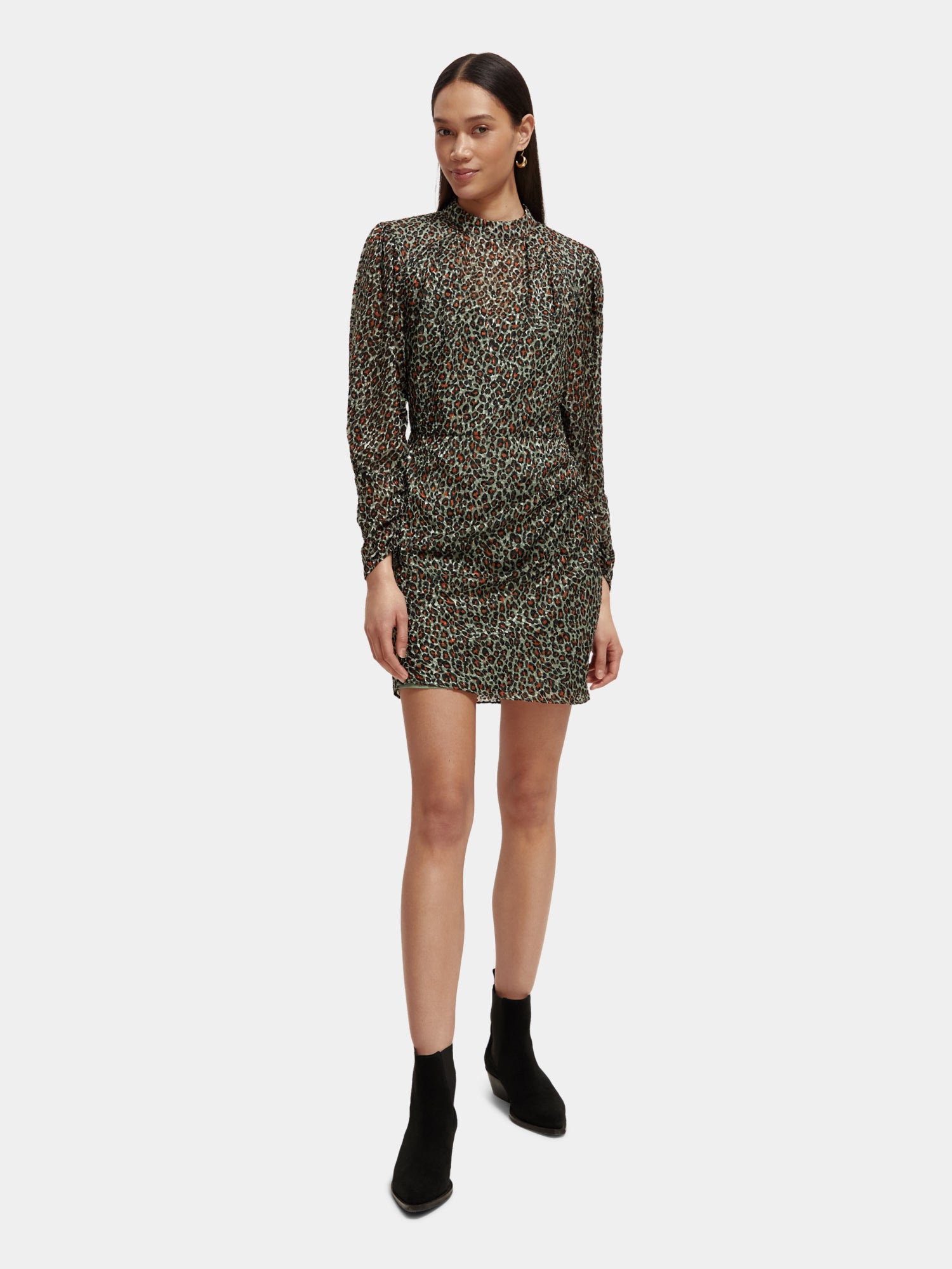 SCOTCH & SODA mock neck mini dress featuring long sleeves and a fitted silhouette, displayed on a mannequin.