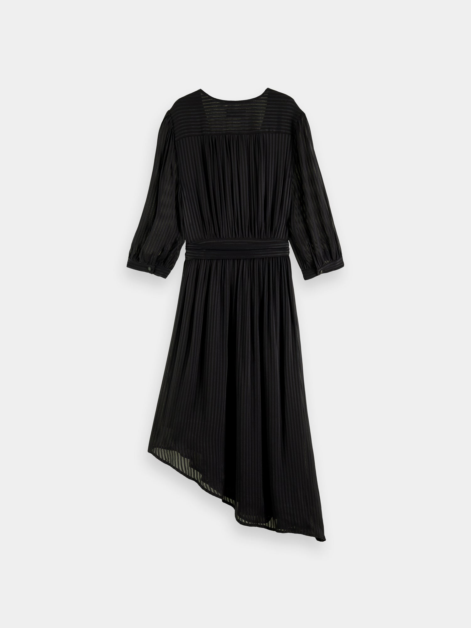 Black V-neck midi dress by Scotch & Soda, featuring a fitted waist and flowing skirt, displayed on a hanger.
