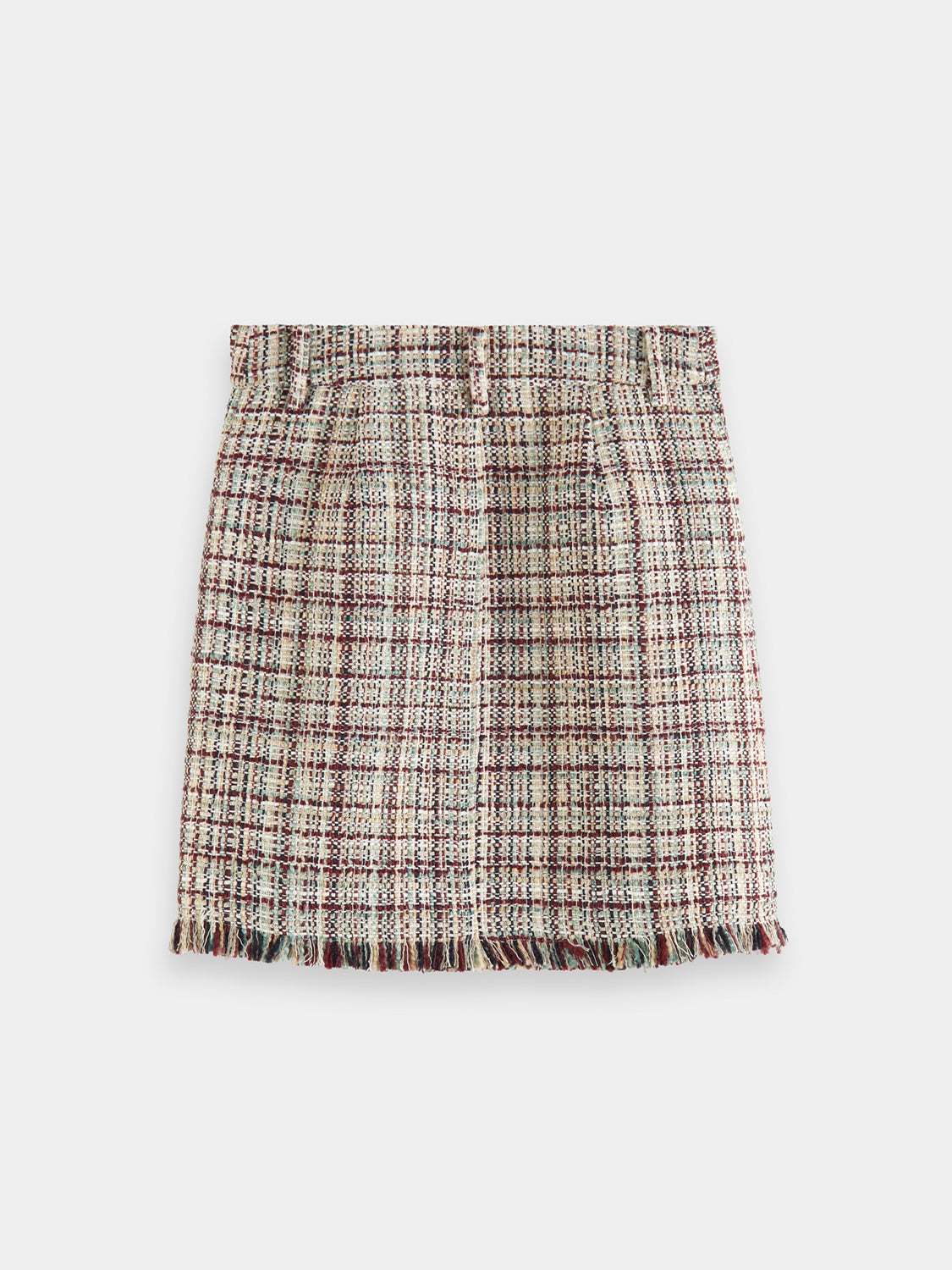 Scotch & Soda boucle tweed mini skirt with textured fabric, high waist, and stylish design, shown from the back.
