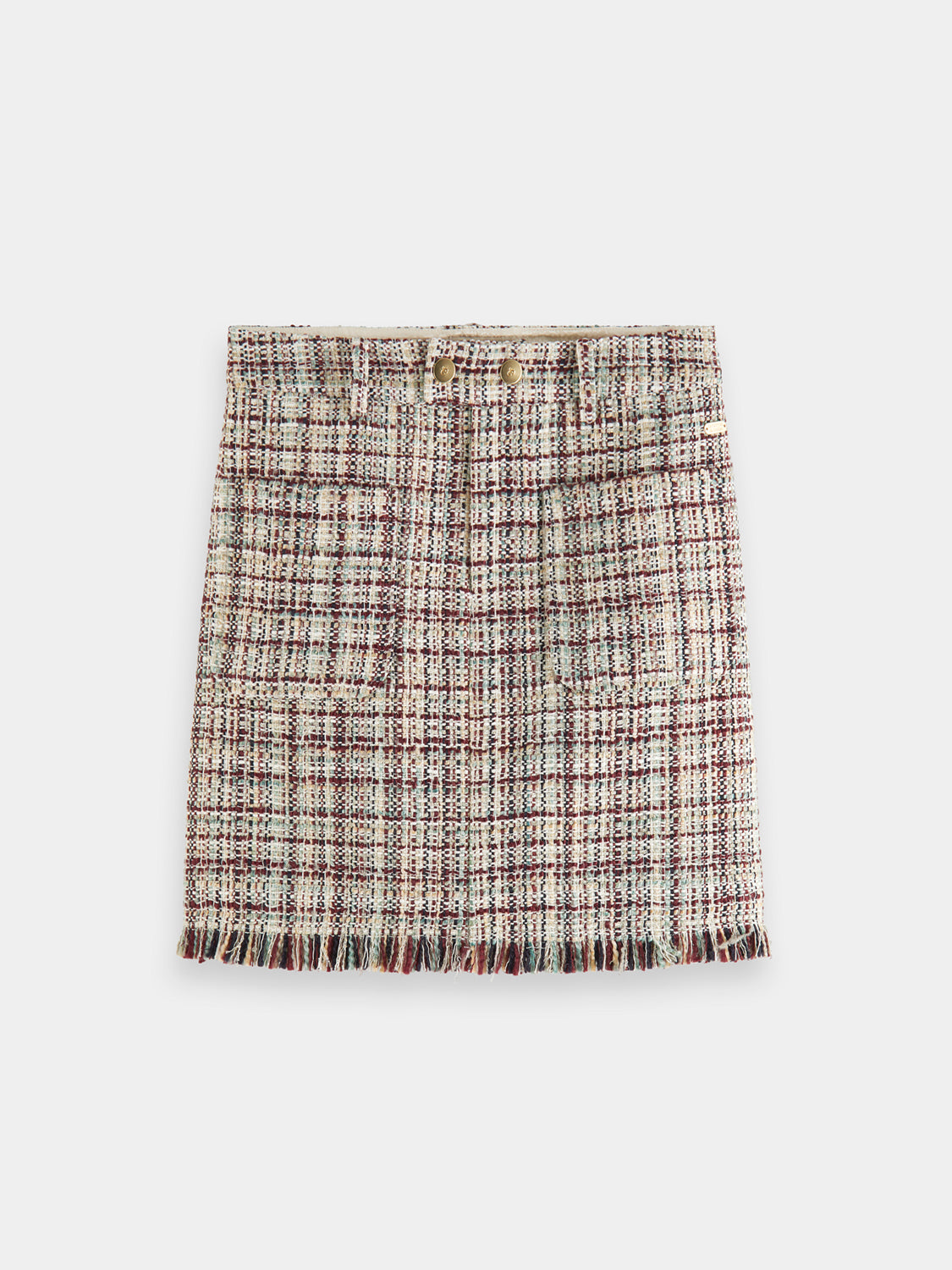 SCOTCH & SODA boucle tweed mini skirt with a fitted waist and textured fabric, displayed on a hanger.