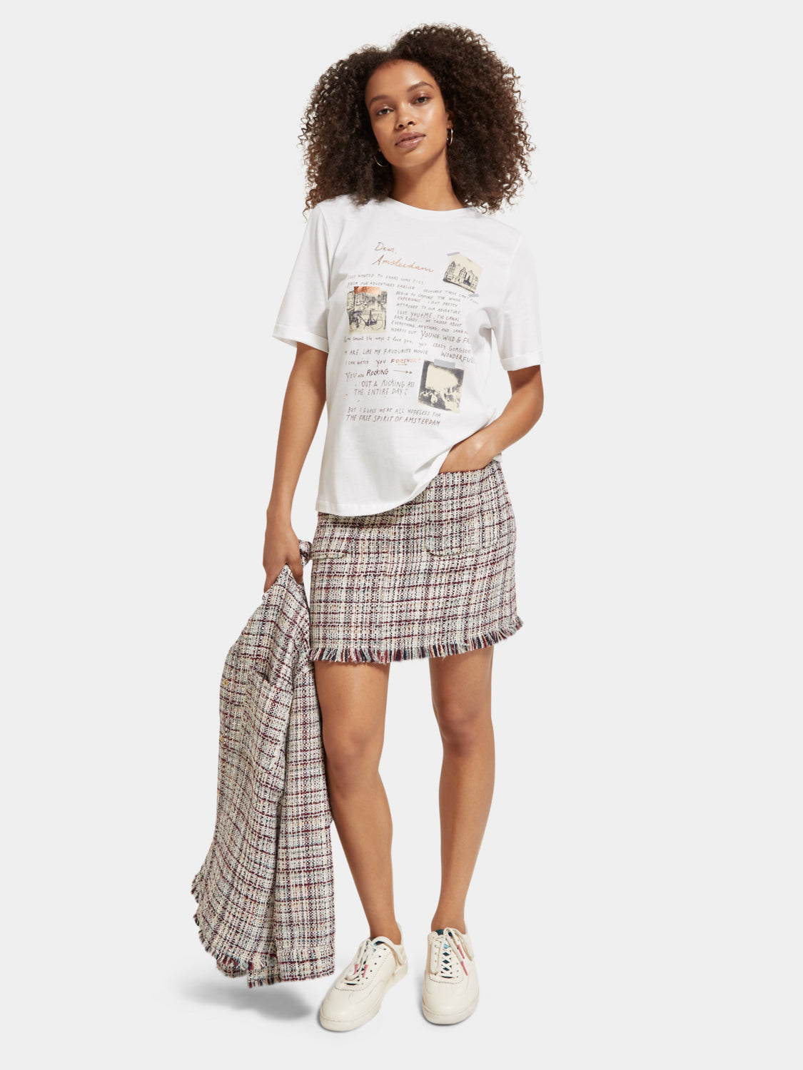 Scotch & Soda boucle tweed mini skirt featuring a classic textured pattern and a stylish, tailored fit.