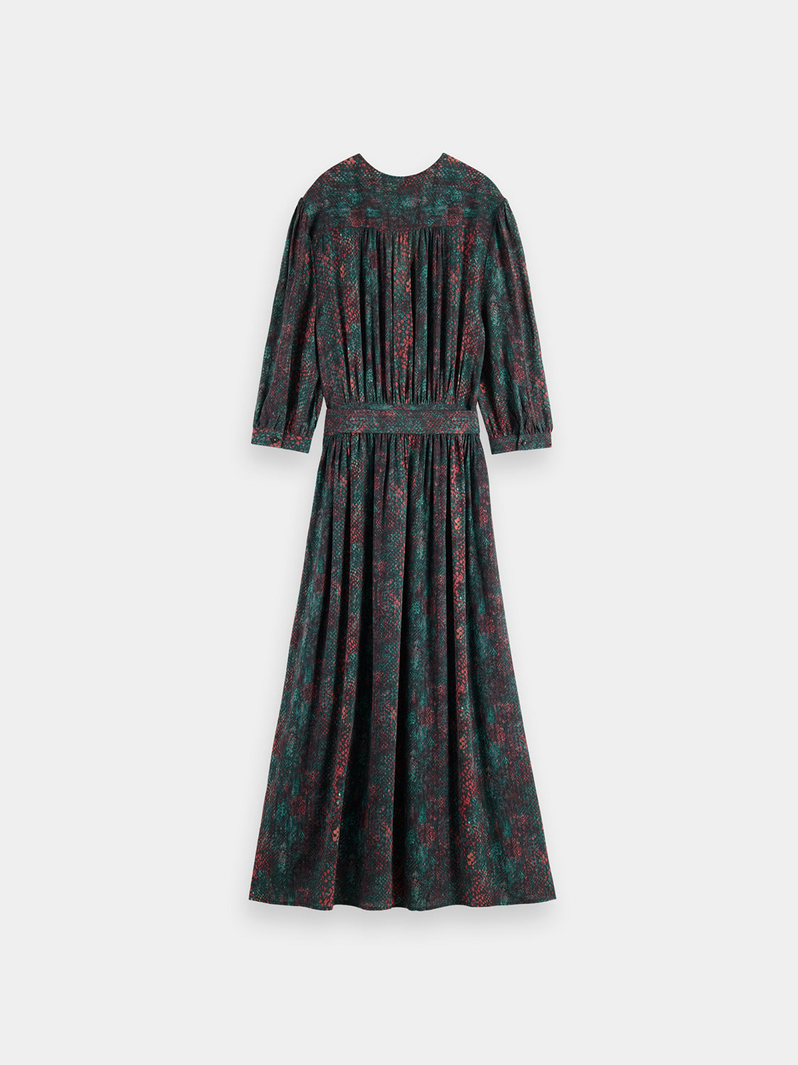 Black Scotch & Soda midi wrap dress with long sleeves and a tie waist, styled for elegant casual wear.