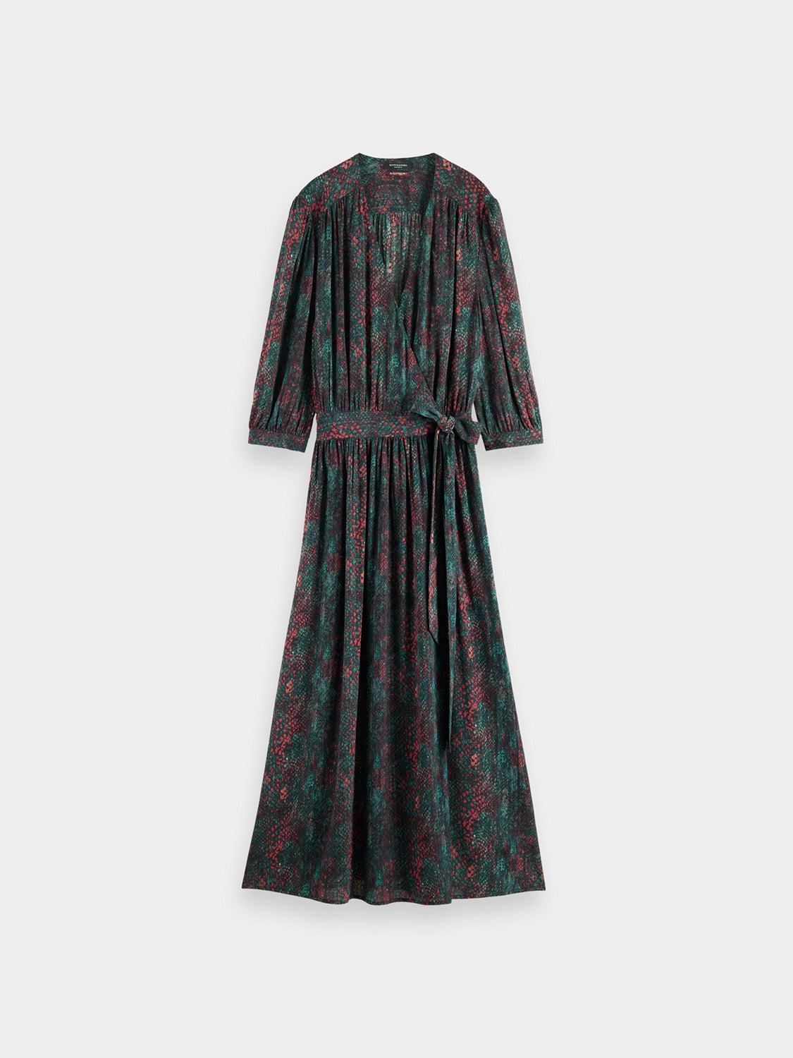 Scotch & Soda midi wrap dress with floral pattern, V-neckline, and long sleeves, displayed on a hanger.