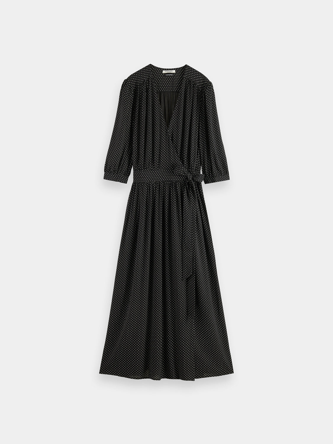 SCOTCH & SODA midi wrap dress with floral pattern, featuring long sleeves and a V-neck, displayed on a hanger.