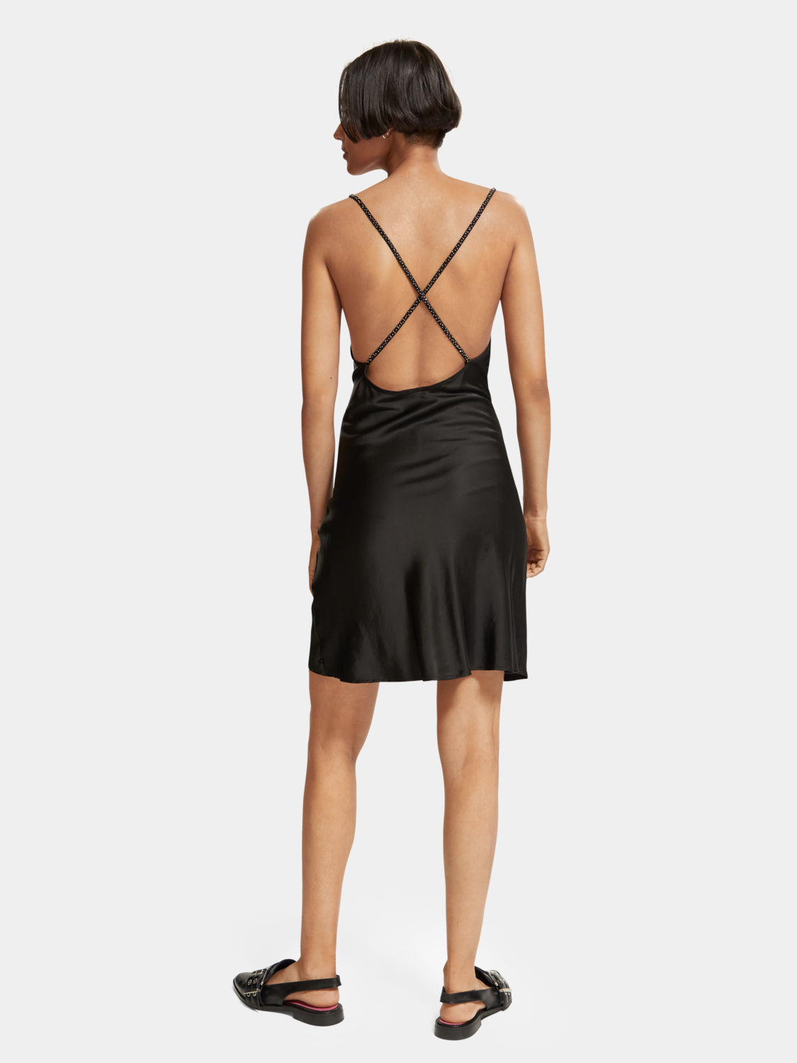 Black cowl neck camisole mini dress by Scotch & Soda featuring a stylish neckline and sleeveless design.