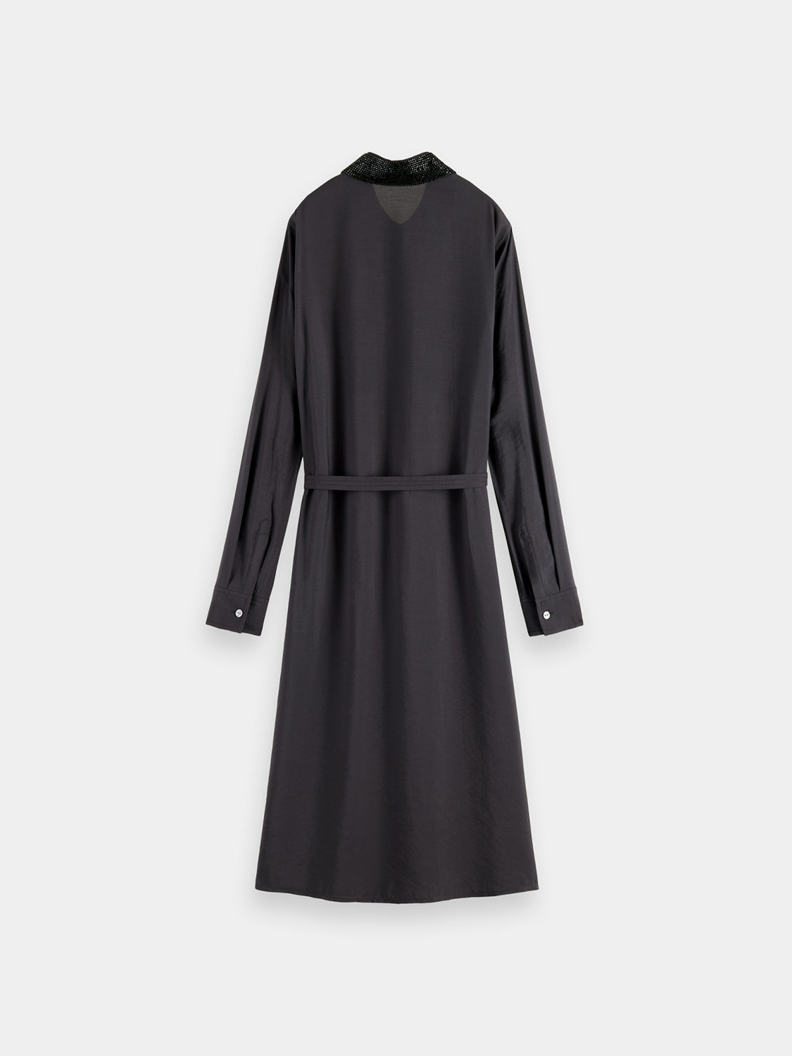 Beaded collar midi shirt dress by Scotch & Soda showing a stylish dress with beaded collar detail and button-front design.