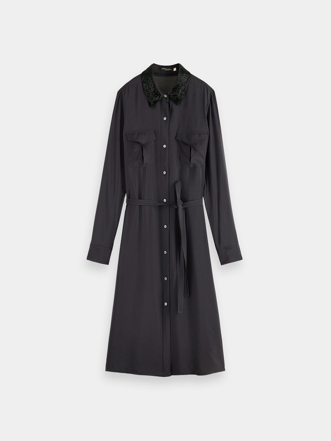 Beaded collar midi shirt dress by Scotch & Soda featuring a button-up front and a stylish, beaded neckline.