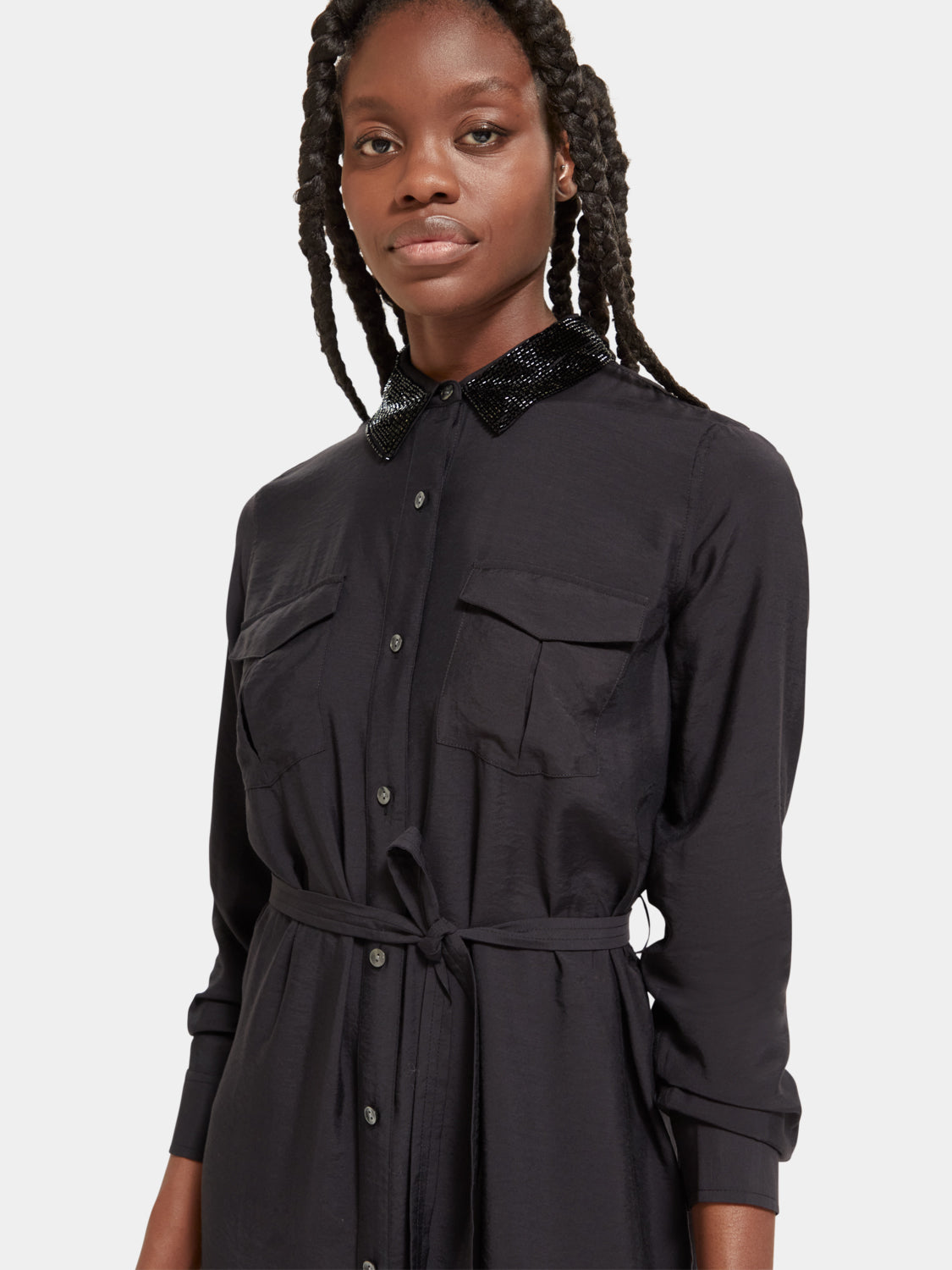 Beaded collar midi shirt dress by Scotch & Soda featuring a button-up front and stylish beaded neckline.