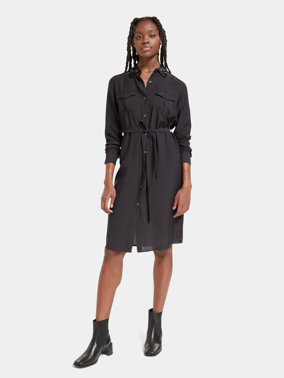 Beaded collar midi shirt dress by Scotch & Soda, featuring a stylish button-up design with intricate bead detailing.