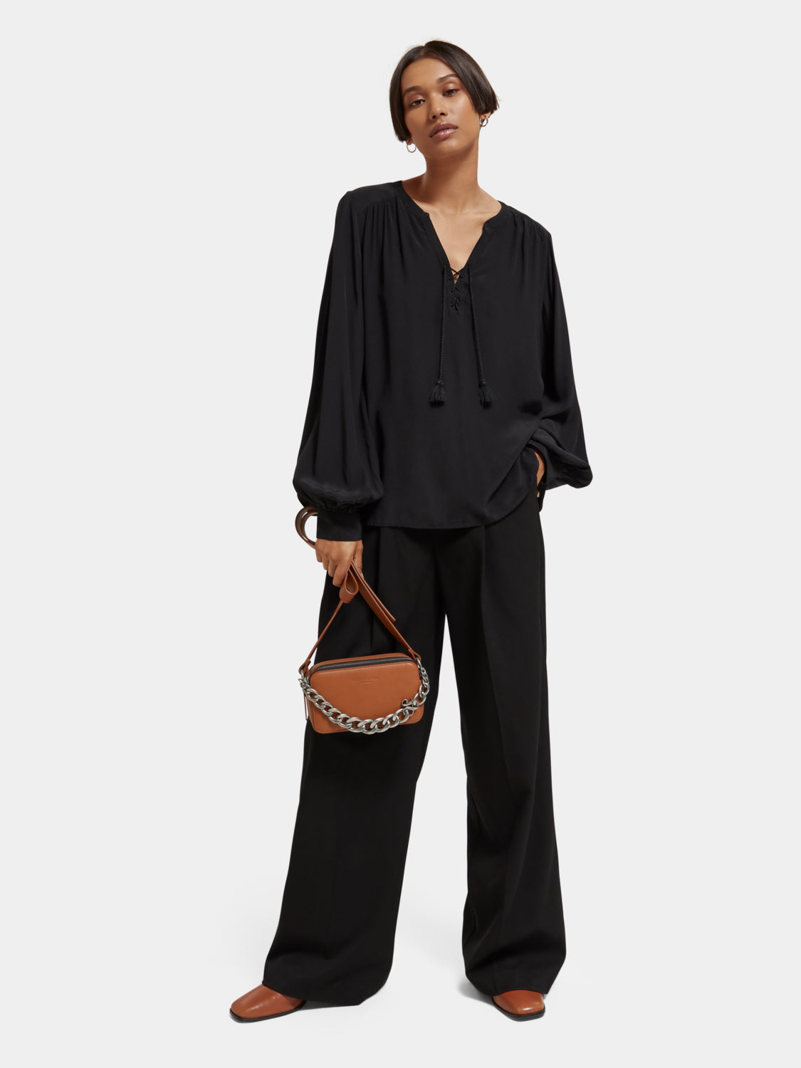 Lace-up blouse with balloon sleeves - Scotch & Soda NZ