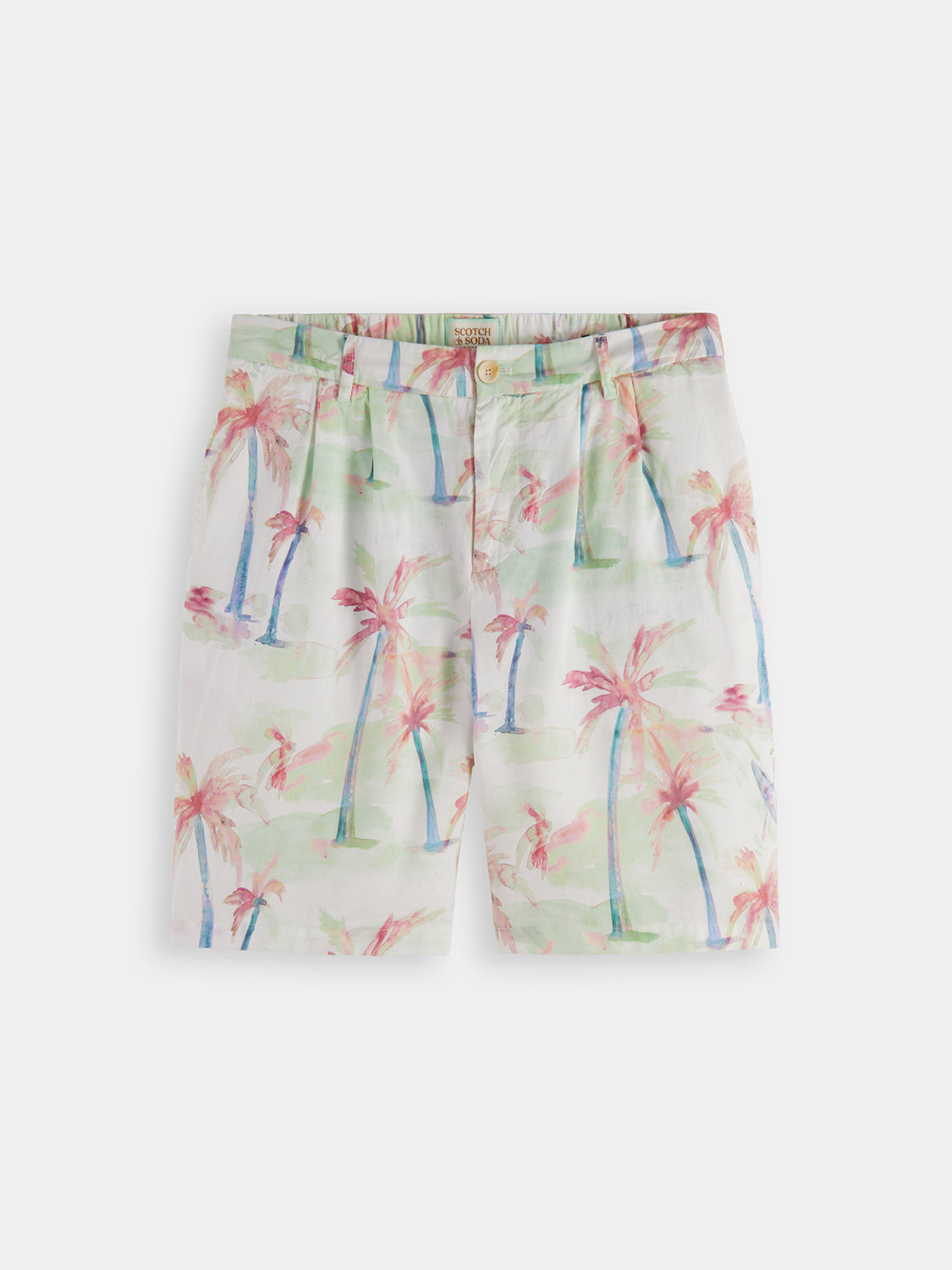 SCOTCH & SODA Twilt printed pleated shorts with colorful pattern and tailored fit, shown on a model against a neutral background.