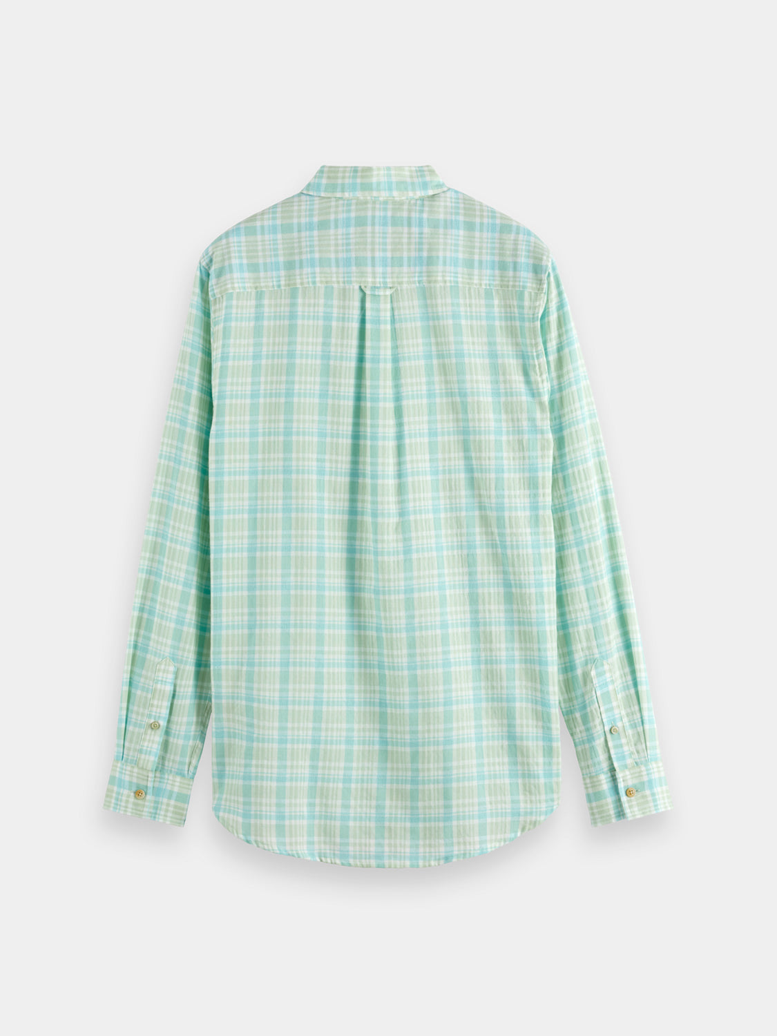 Long-sleeve Scotch & Soda neon check shirt with bold pattern, button-down collar, and vibrant colors.