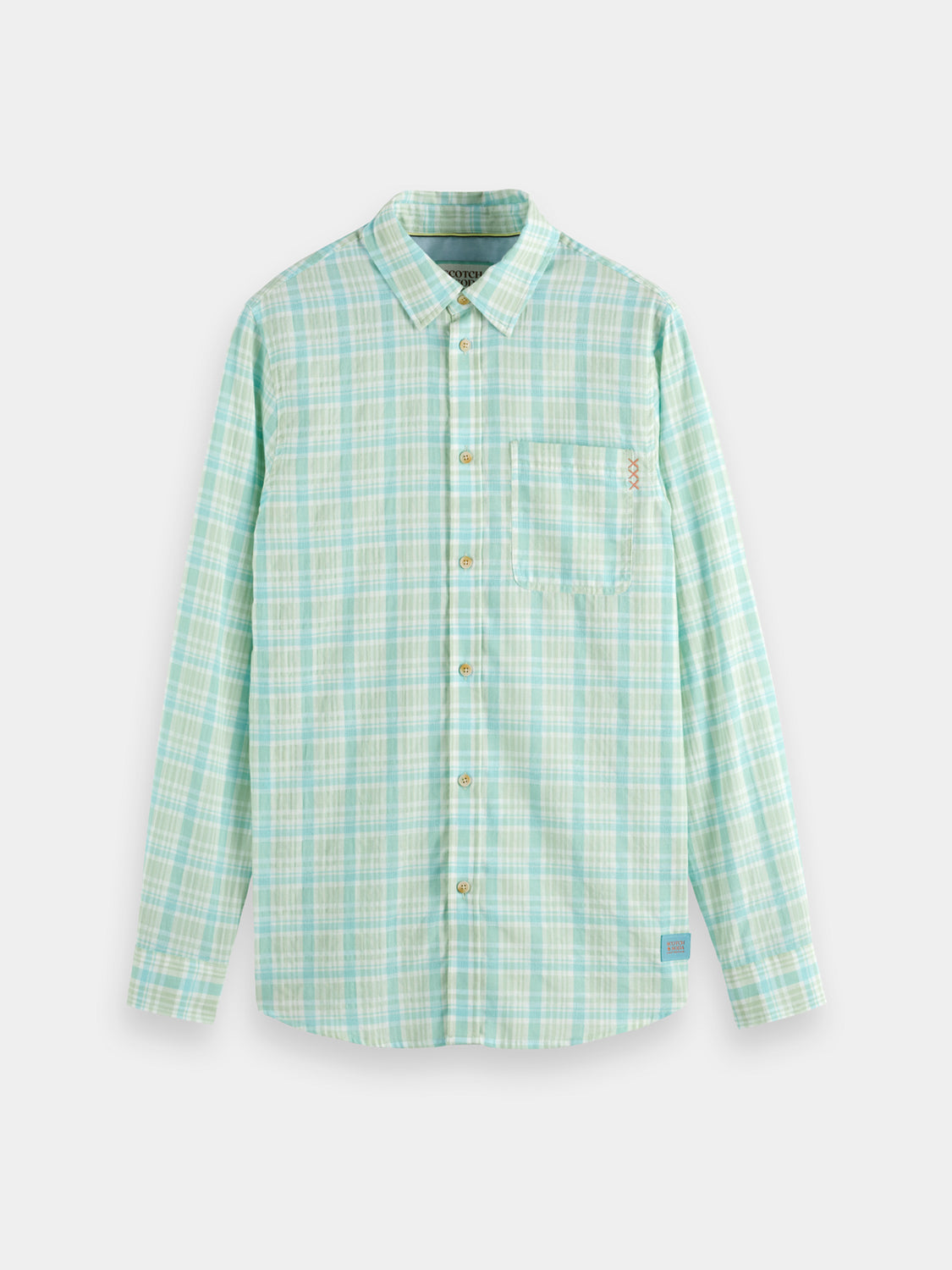 Long sleeve neon check shirt by Scotch & Soda, featuring vibrant plaid pattern and button-up front.