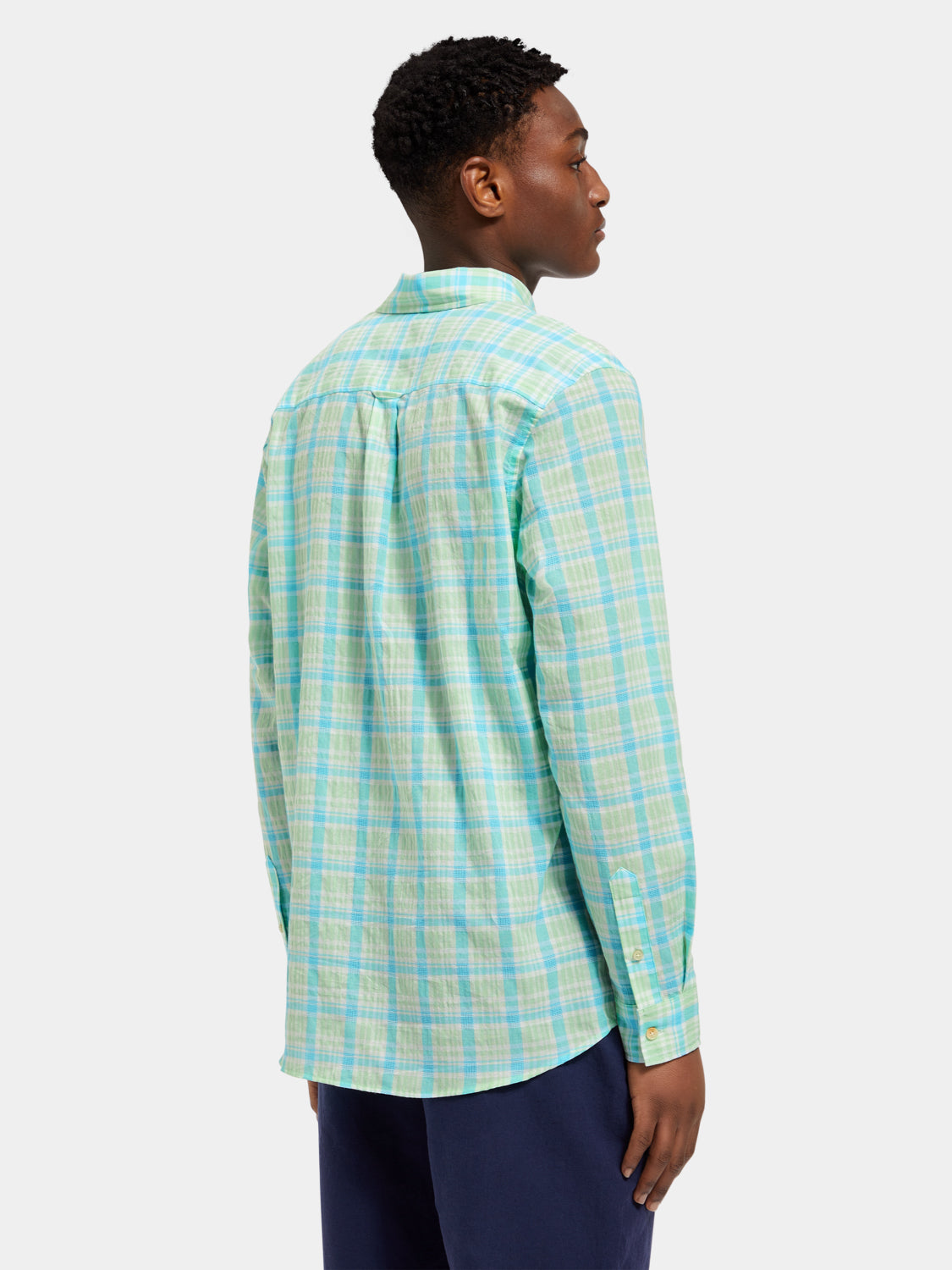 Long sleeve neon check shirt by Scotch & Soda, featuring bold checkered pattern and classic collar, displayed on a hanger.