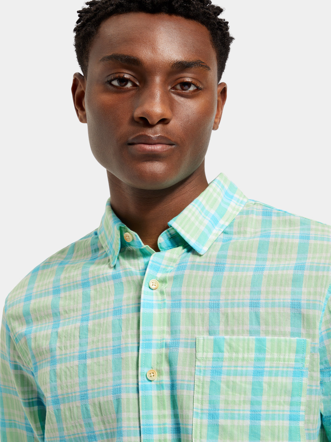 Long sleeve neon check shirt by Scotch & Soda, featuring vibrant plaid pattern and classic collar.