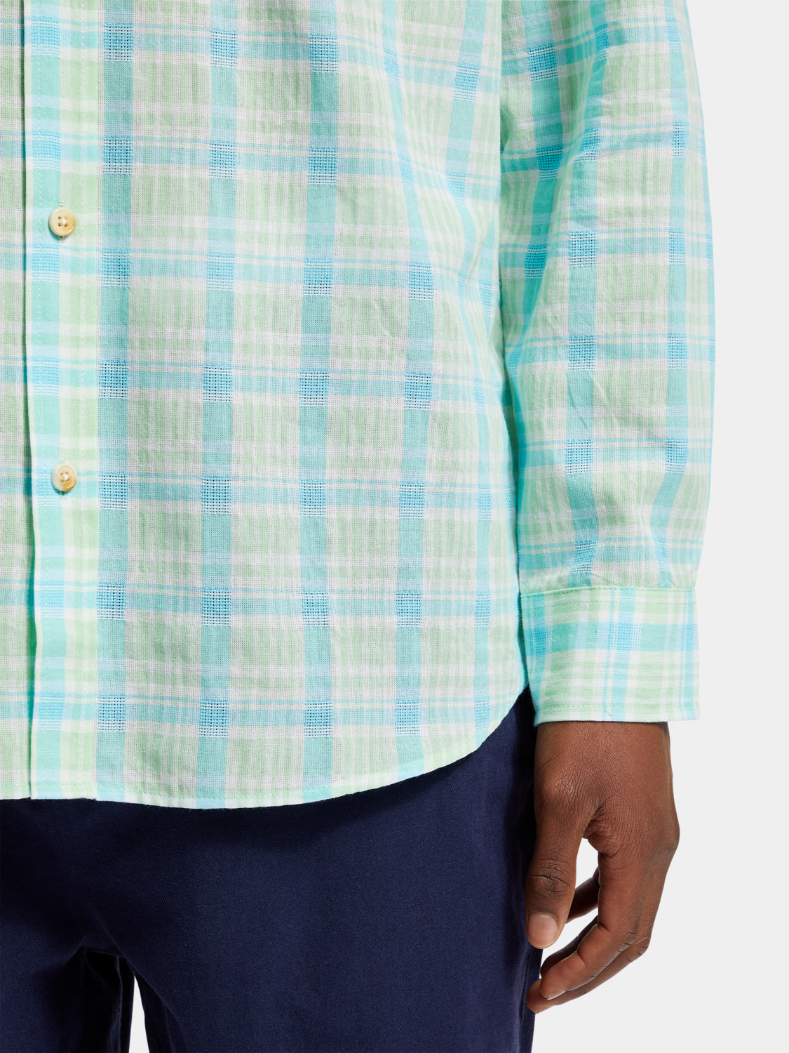 Long sleeve neon check shirt by Scotch & Soda, featuring vibrant plaid pattern and classic collar.
