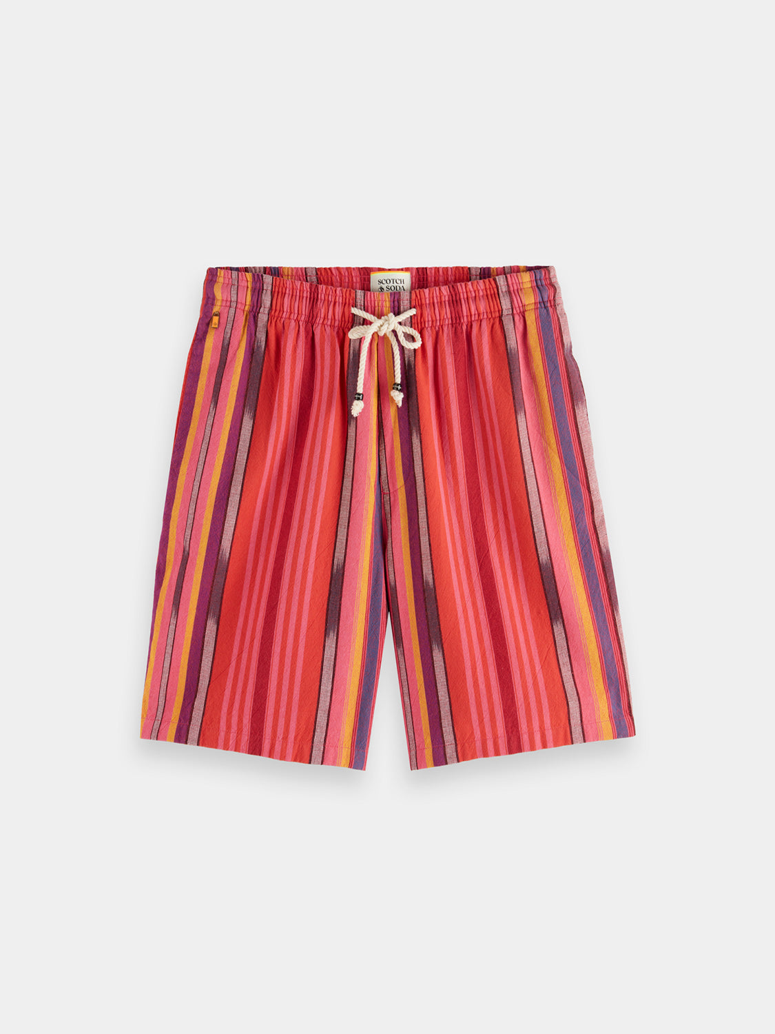Striped Scotch & Soda Oxford shorts with a relaxed fit and colorful pattern, shown on a model.