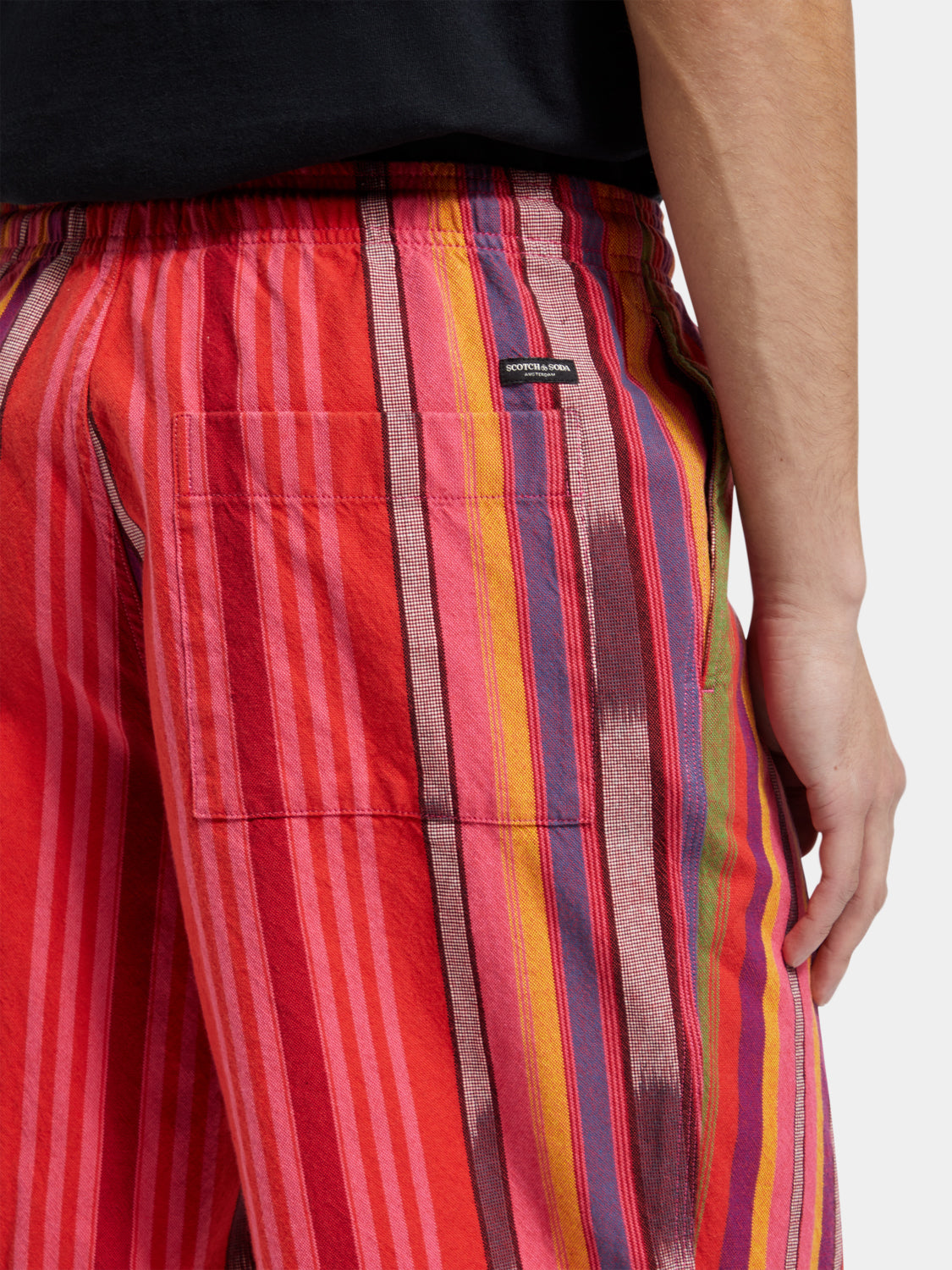 Striped Oxford shorts by Scotch & Soda, casual men's shorts with blue and white vertical stripes, front view.