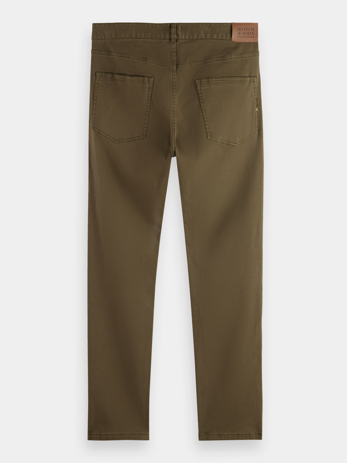 Back view of Scotch & Soda Ralston slim fit pants in dark fabric, showcasing tailored fit and clean design.