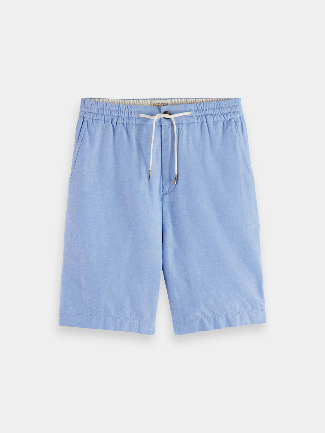 Light beige Fave cotton-linen shorts by SCOTCH & SODA with a relaxed fit and side pockets, displayed on a white background.