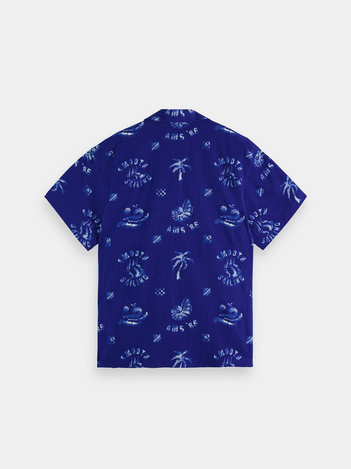 Short-sleeve printed camp shirt by Scotch & Soda with vibrant pattern, lightweight fabric, and casual style perfect for summer.