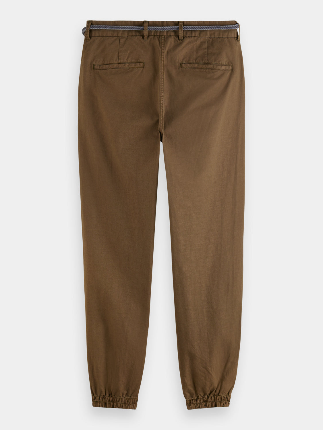 SCOTCH & SODA linen blend chino joggers, gray pants with relaxed fit and side pockets, shown from back view.