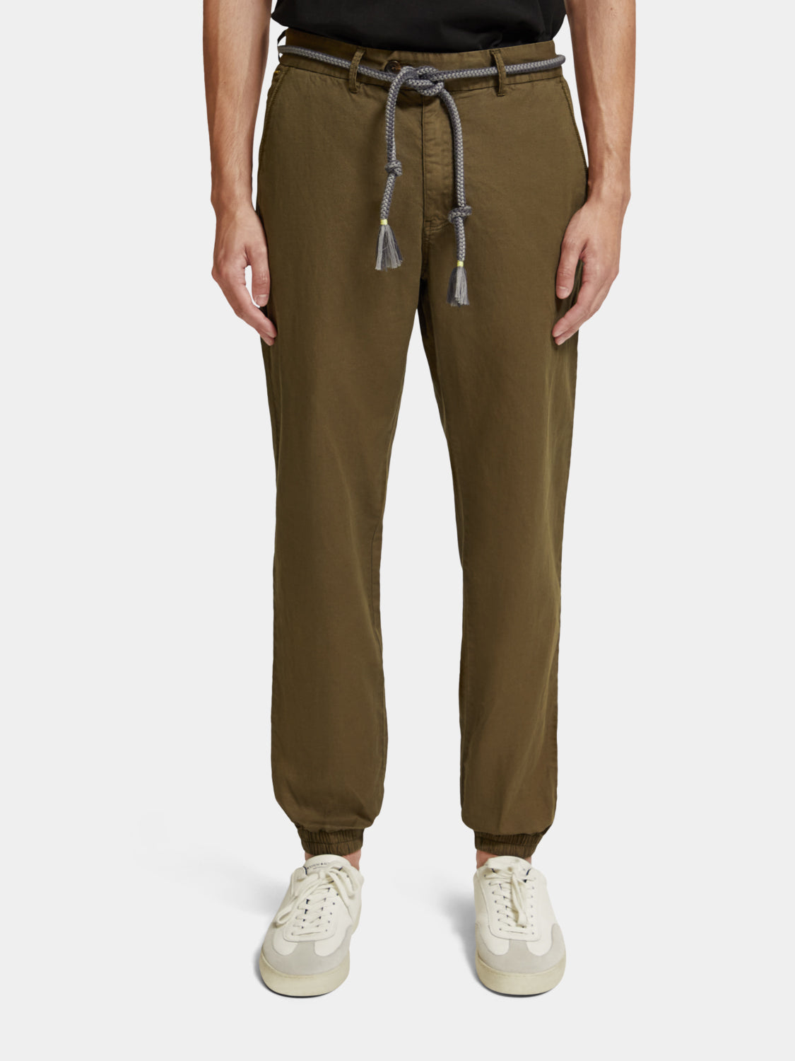Light beige linen blend chino jogger pants from Scotch & Soda, featuring a relaxed fit and casual style.