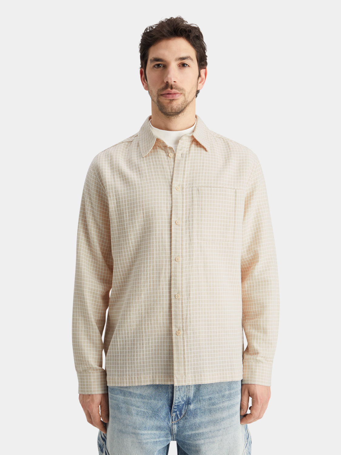 Long sleeve Scotch & Soda Dobby check shirt with button-up front and classic collar, displayed on a neutral background.
