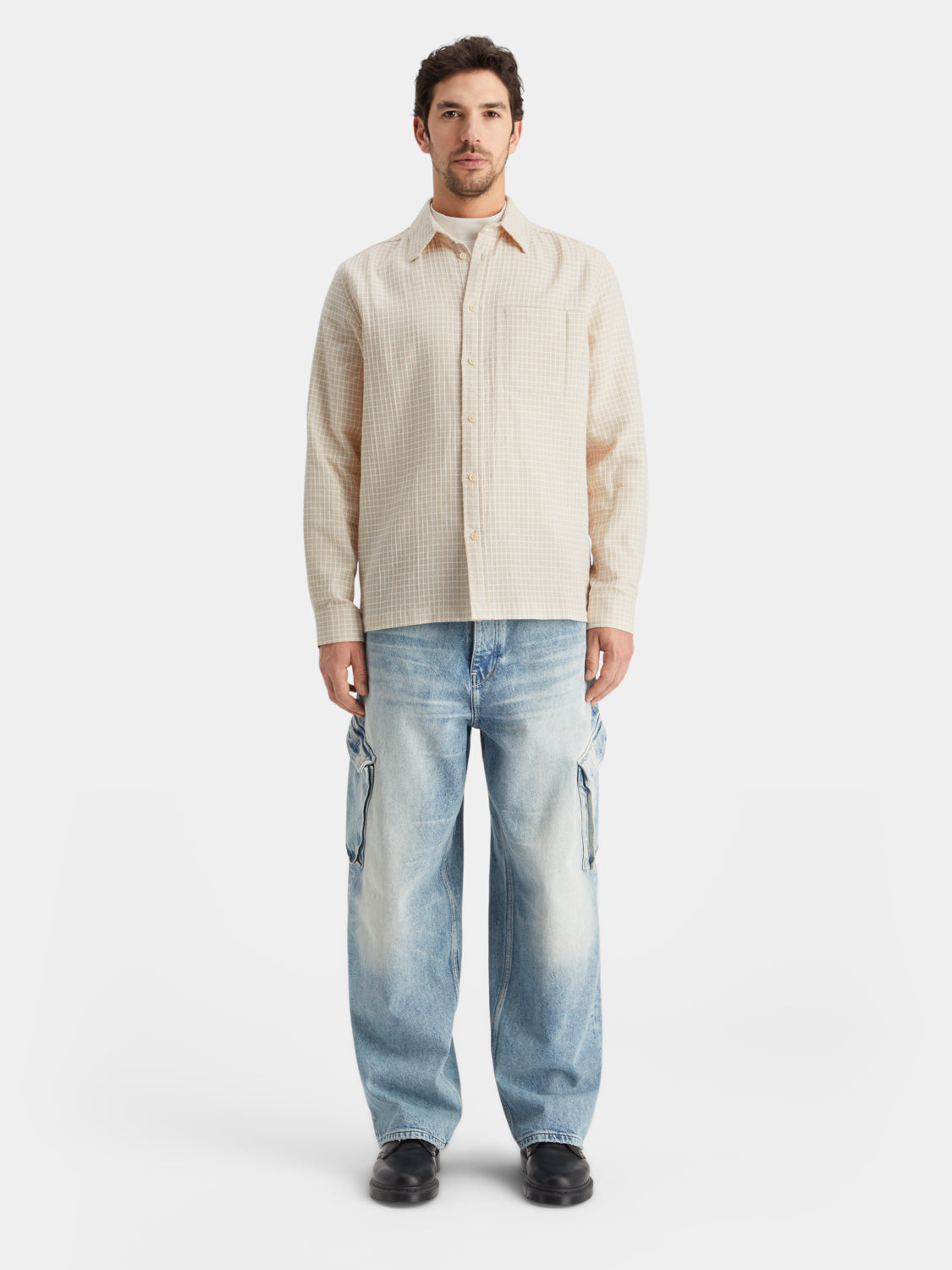 Long-sleeve Scotch & Soda Dobby check shirt with button closure and classic collar, displayed on a hanger.