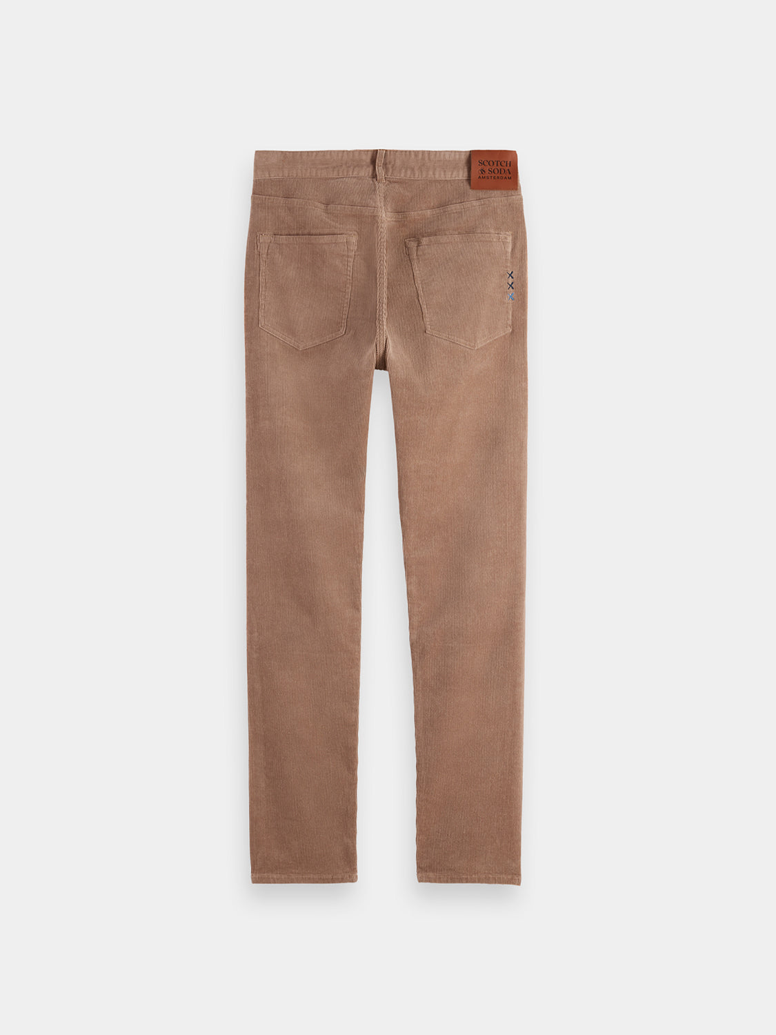Scotch & Soda Ralston corduroy pants in brown, front view showing classic fit and textured fabric.
