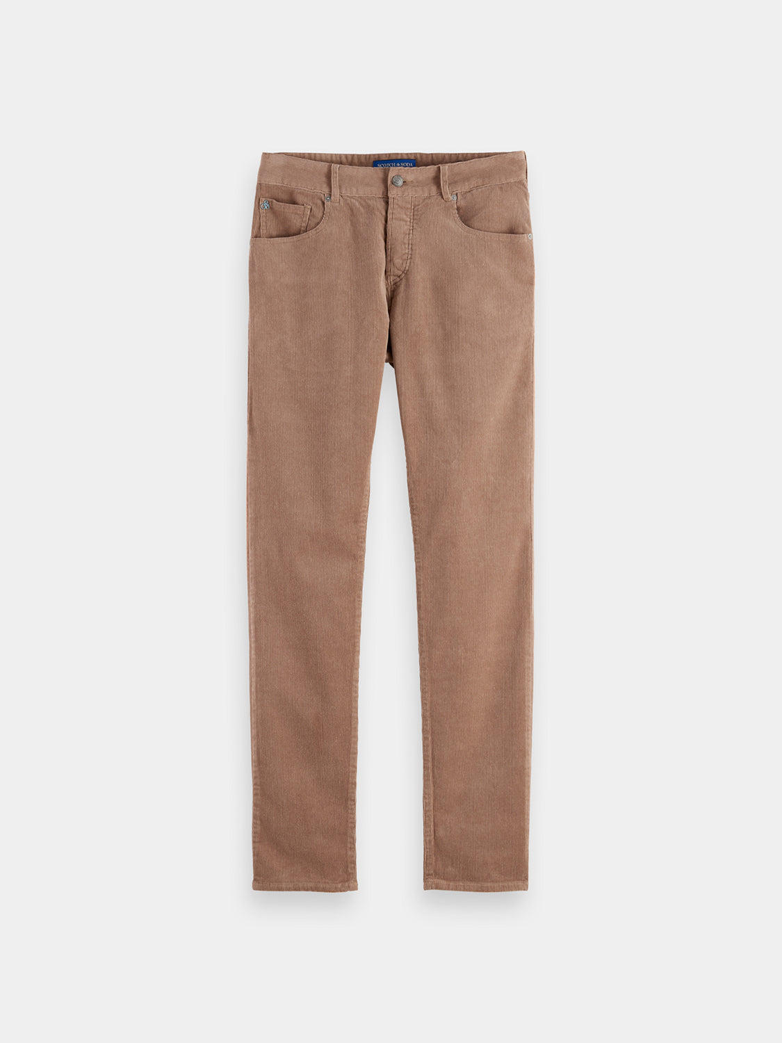SCOTCH & SODA Ralston corduroy pants in a classic fit, shown in a rich brown color with front pockets and belt loops.