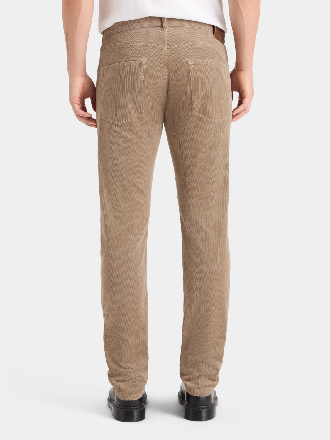 SCOTCH & SODA Ralston corduroy pants in brown, back view showing textured fabric and tailored fit.