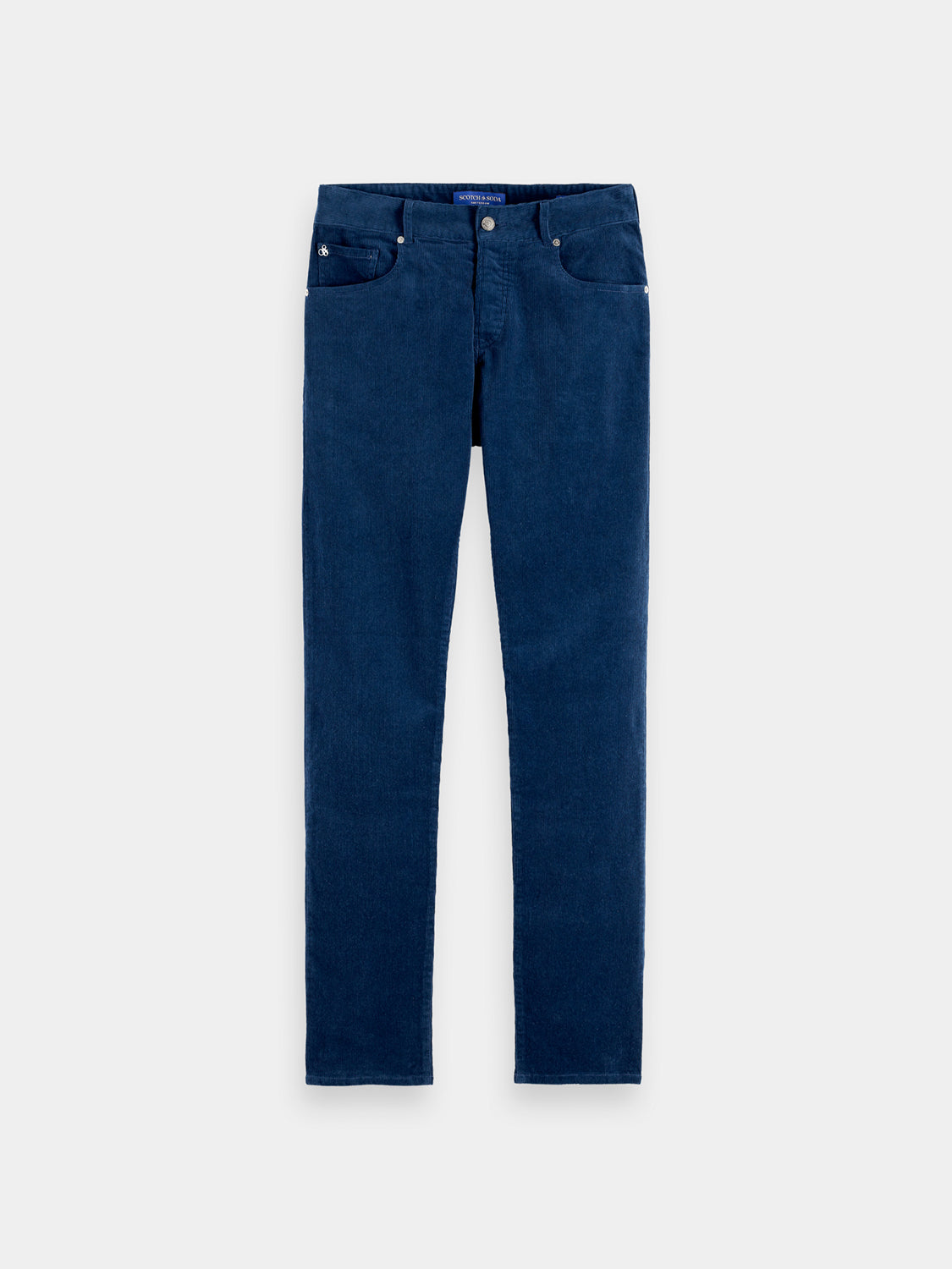 SCOTCH & SODA Ralston corduroy pants in brown, front view showing classic fit and textured fabric.