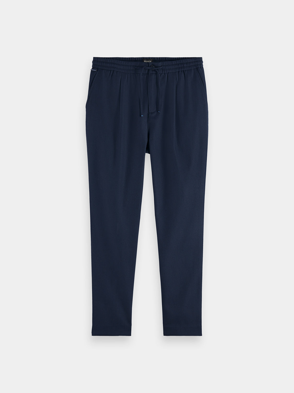SCOTCH & SODA Morton slim fit joggers pants, front view showing navy fabric and tailored design.