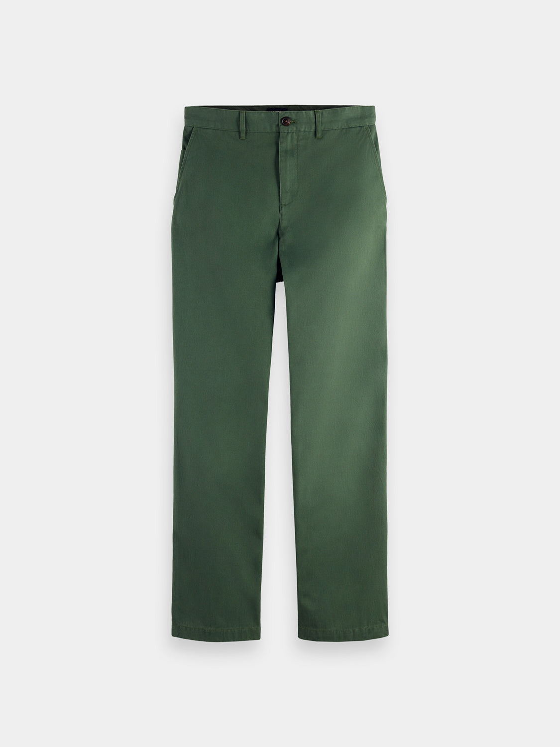 Pair of Scotch & Soda straight fit twill chinos pants in classic beige with front and back pockets, casual and versatile style.