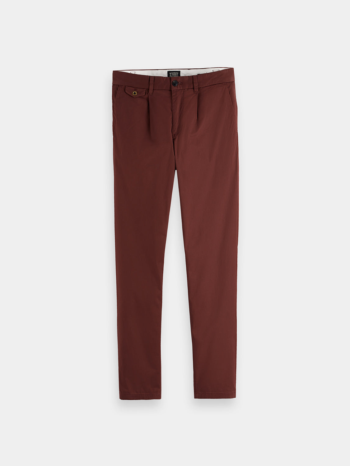 Scotch & Soda Blake slim fit chinos, men's casual pants in neutral fabric, displayed folded on a plain background.