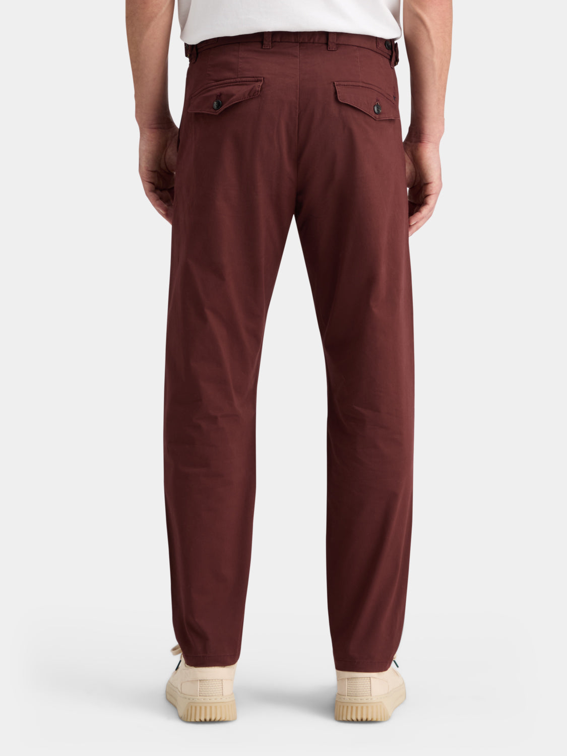 SCOTCH & SODA Blake slim fit chinos, men's casual pants in neutral fabric, shown from the back with pockets and tailored fit.
