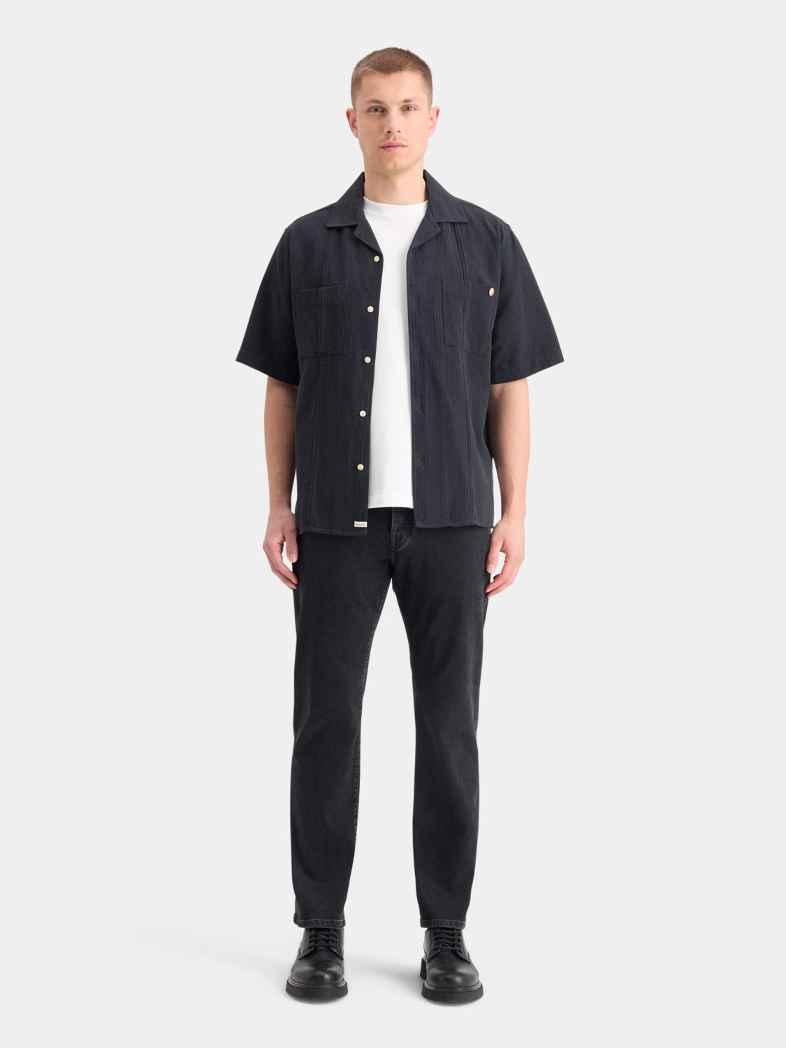 Light blue Scotch & Soda structured dobby short-sleeve shirt with a subtle textured pattern and classic collar.