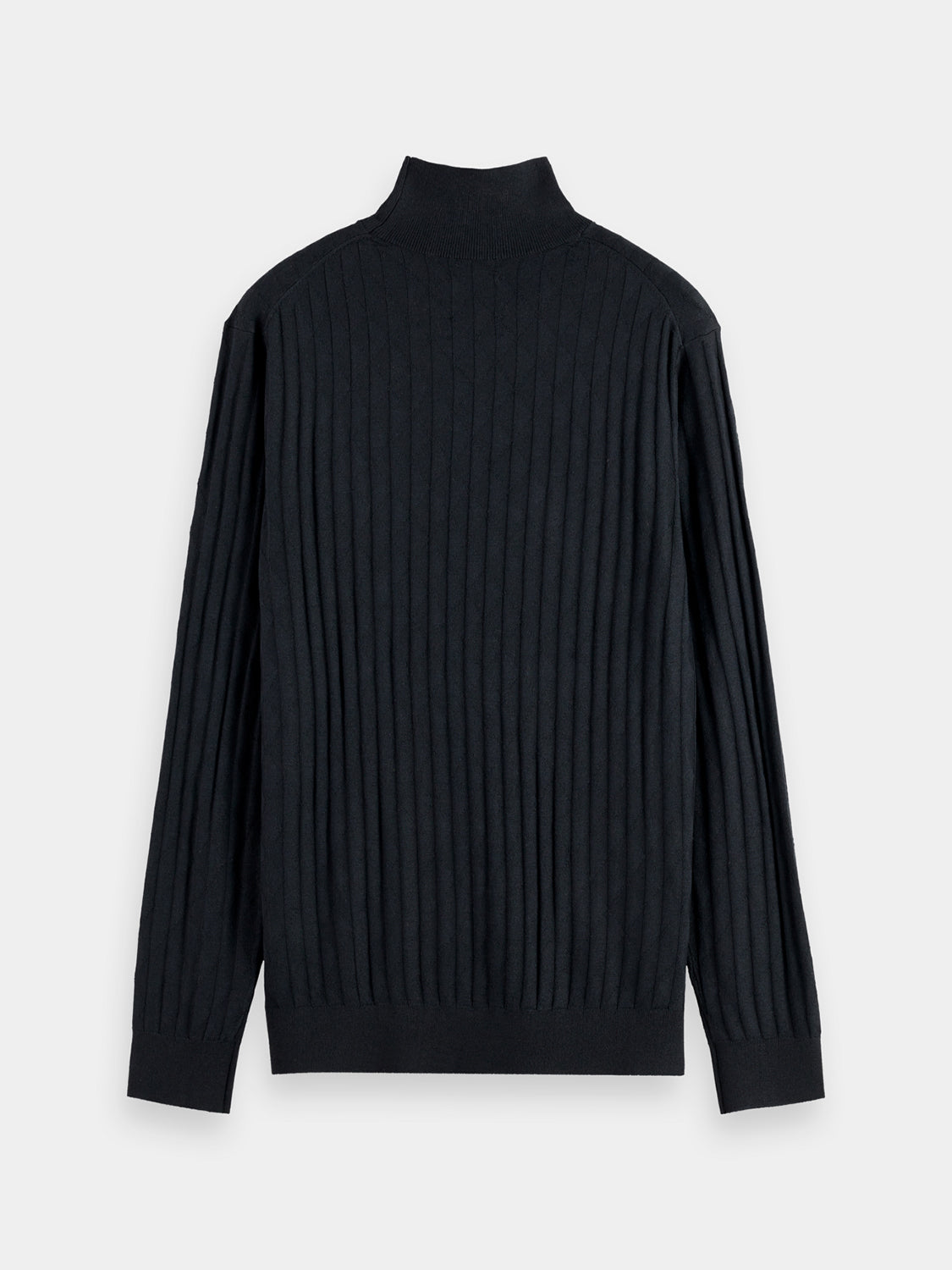 Black Scotch & Soda Relief Stitch Turtleneck knitwear with textured pattern, close-up of the cozy, stylish turtleneck sweater.